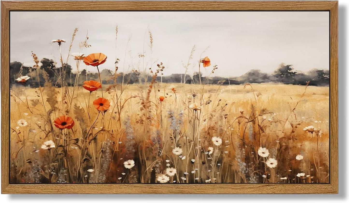 Aroutde Framed Fall Wildflowers Canvas Wall Art Vintage Autumn Flowers Wall Decor Nature Scenery Canvas Prints Landscape Artwork for Gallery Office Living Room Bedroom 18''x10''