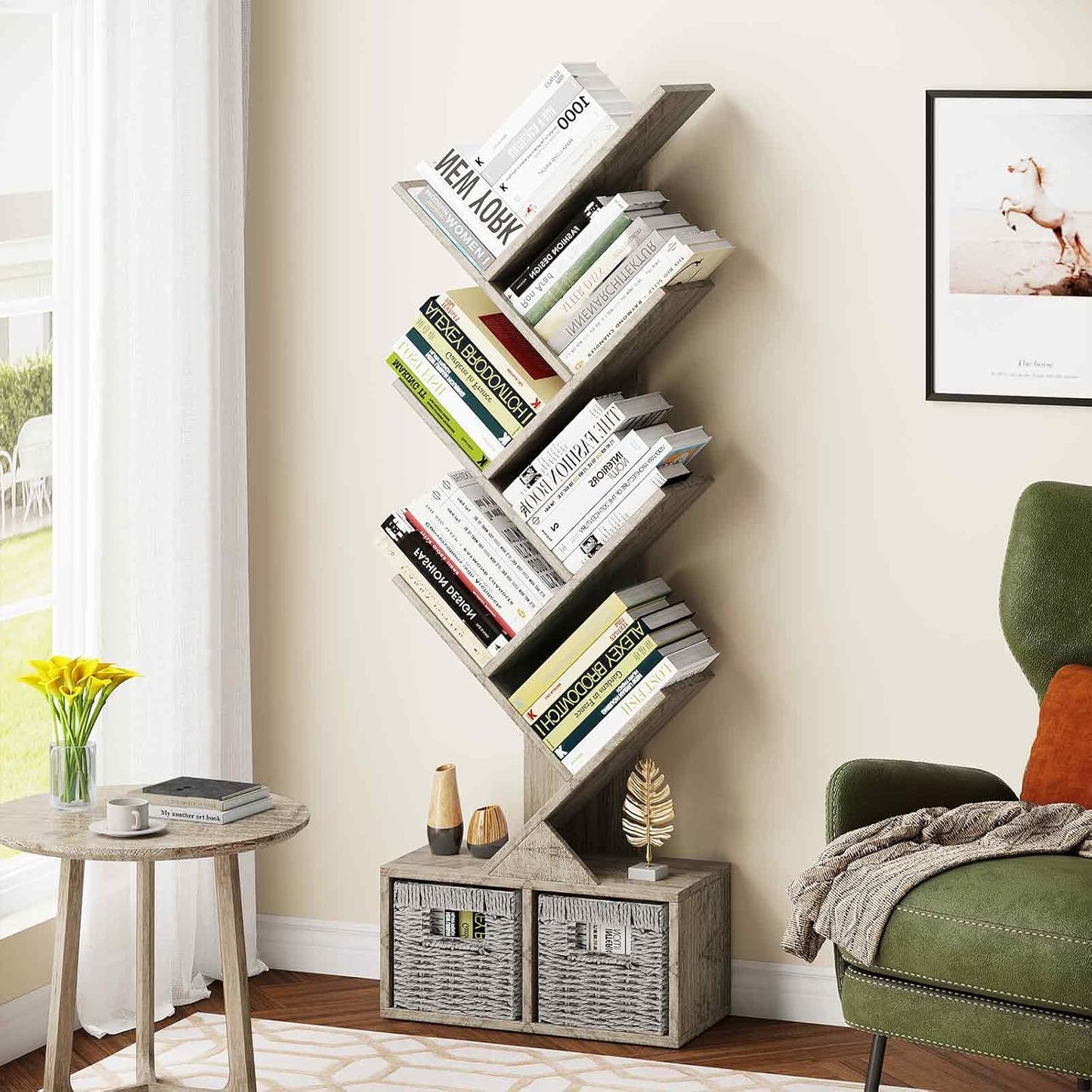 Vagusicc 6 Tier Tree Bookshelf with 2 Storage Cabinets, Tall Display Shelf Organizer for Books, Magazines, Home Decor, Narrow Wooden Floor Standing Bookcase for Living Room, Home Office, Grey