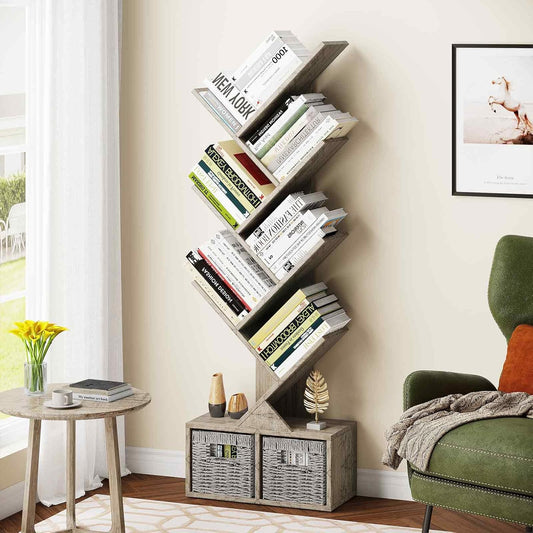 Vagusicc 6 Tier Tree Bookshelf with 2 Storage Cabinets, Tall Display Shelf Organizer for Books, Magazines, Home Decor, Narrow Wooden Floor Standing Bookcase for Living Room, Home Office, Grey