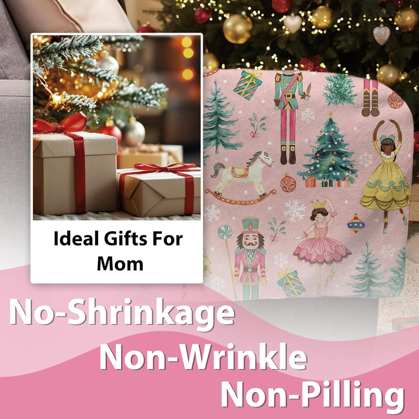 Pink Christmas Nutcracker Flannel Throw Blanket, Cute Xmas Tree Wooden Horses Balls Birthday Gifts for Kids Men Women, Winter Holiday Snowflake Soft Blankets for Bedding Sofa 50 x 60 Inches