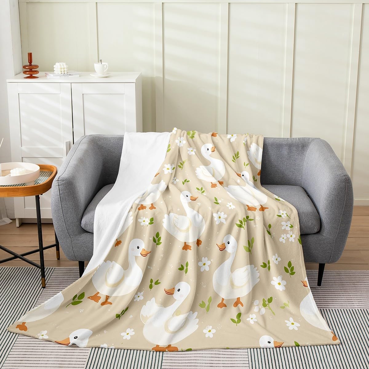 White Goose Flannel Blanket Rustic Duck Fleece Blanket Throw 50x60 Inch - Ultra-Soft for Couch Sofa Bed Cute Floral Fuzzy Plush Throw for Kids Room Farmhouse Country Animal Room Decor
