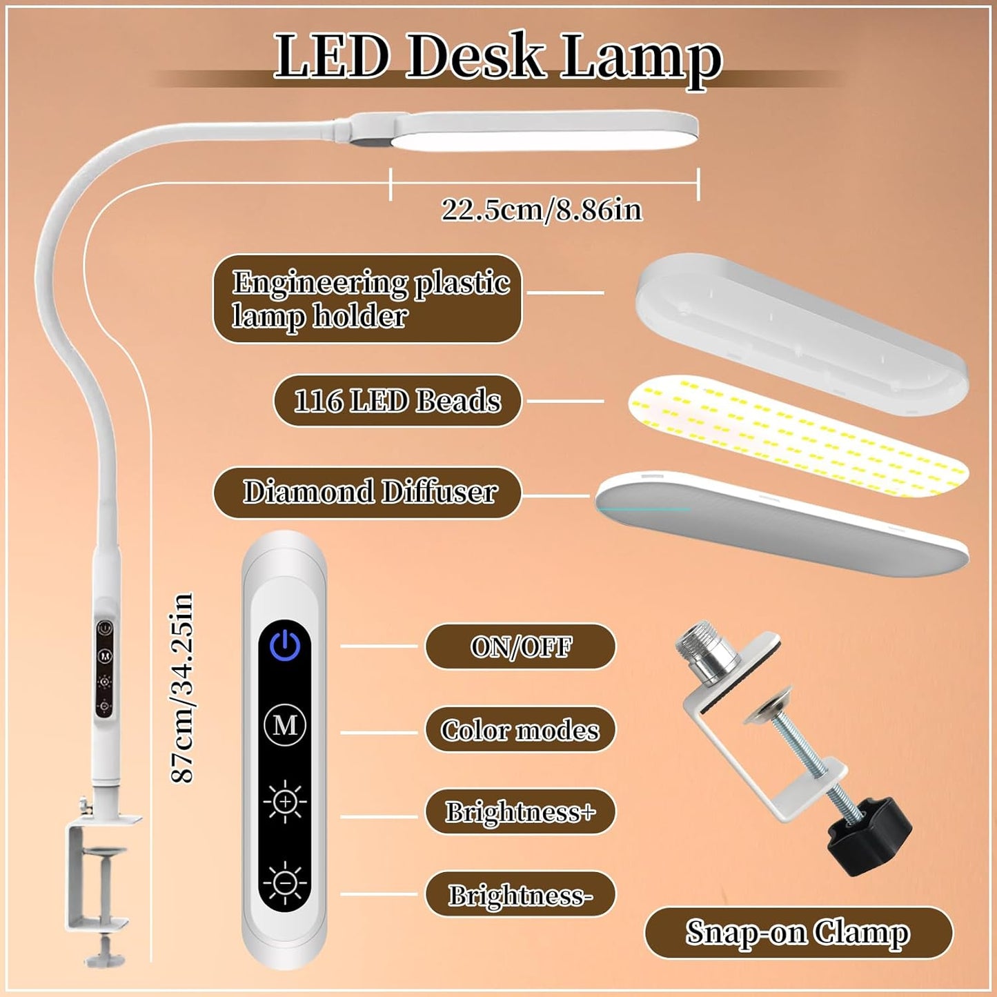 BQAN LED Desk Lamp with Clamp, 15W Eye-Caring Clip on Light, Adjustable Gooseneck Desk Lamps for Home Office with 5 Modes & 9 Brightness Levels for Reading, Studying, Nail Art, and Work (White)