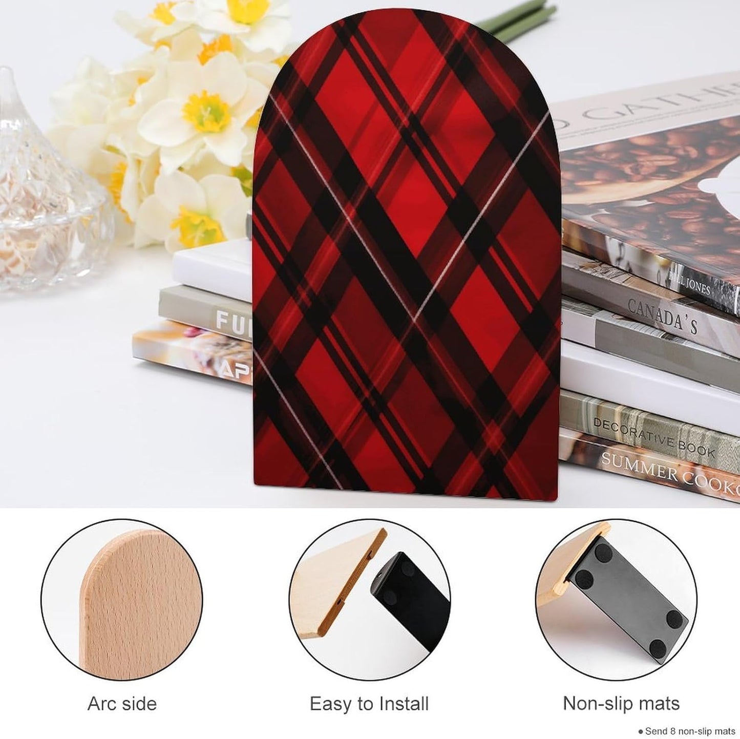 Red and Black Plaid Bookend for Shelves Wooden Book End Large Size Sturdy Book Holders Stoppers with Metal Base for Bookshelves Slick Decorative Bookends Stands
