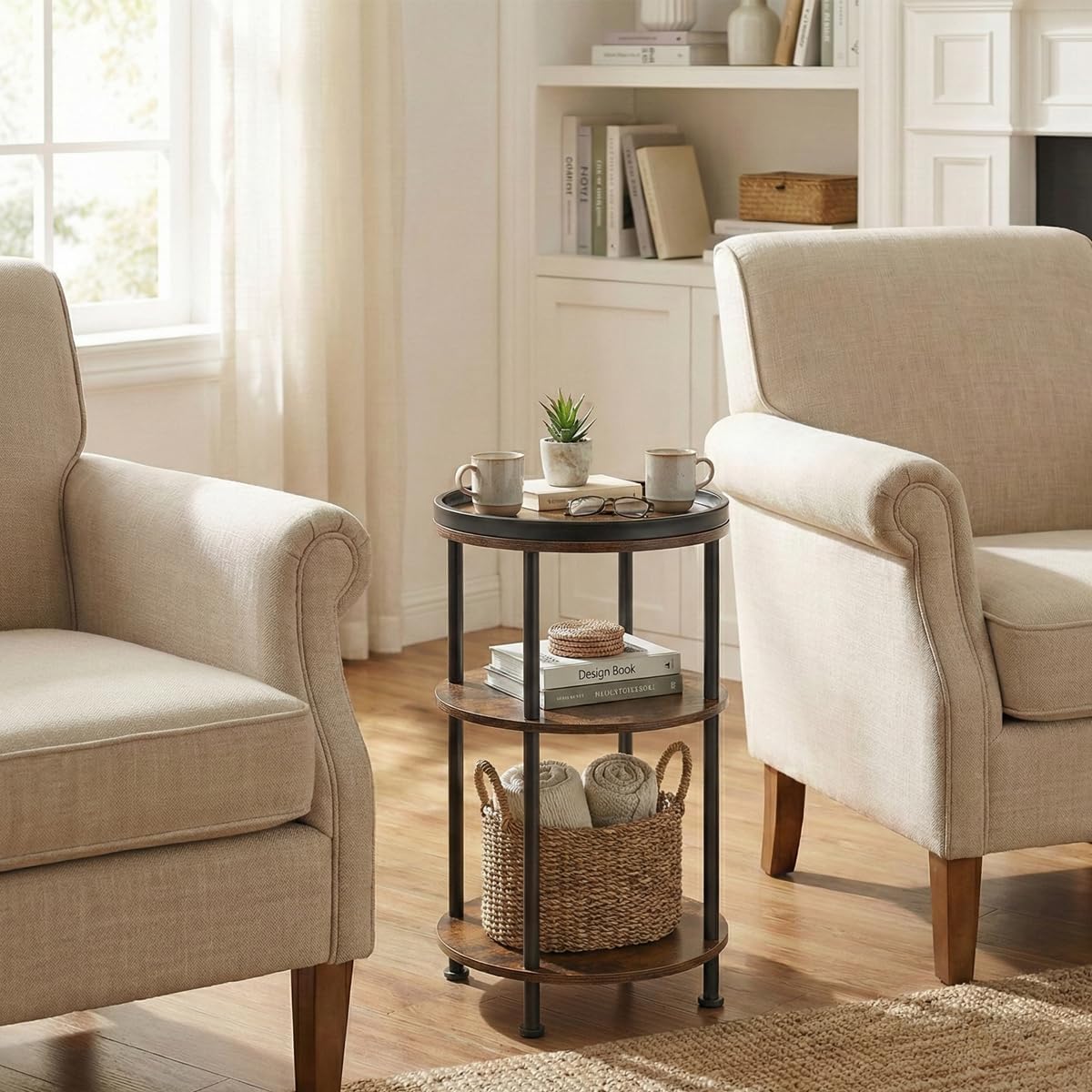 Small Round Side Table with Tray Top (Patented Design), 11.8" Narrow End Table for Small Spaces, 3-Tier Industrial Nightstand, Original Rustic Accent Furniture for Living Room Bedroom, Rustic Brown