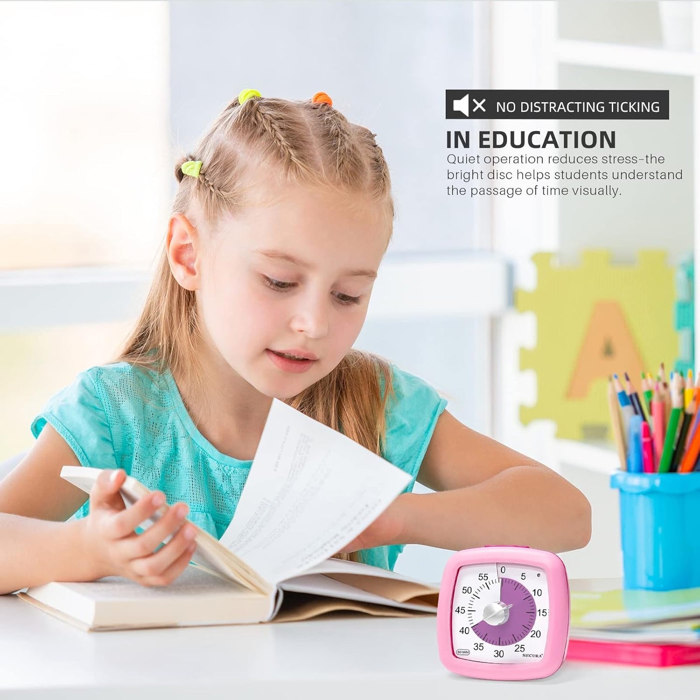 Secura 60-Minute Visual Timer, Silent Study Timer for Kids and Adults, Time Clocks, Time Management Countdown Timer for Teaching (Pink)