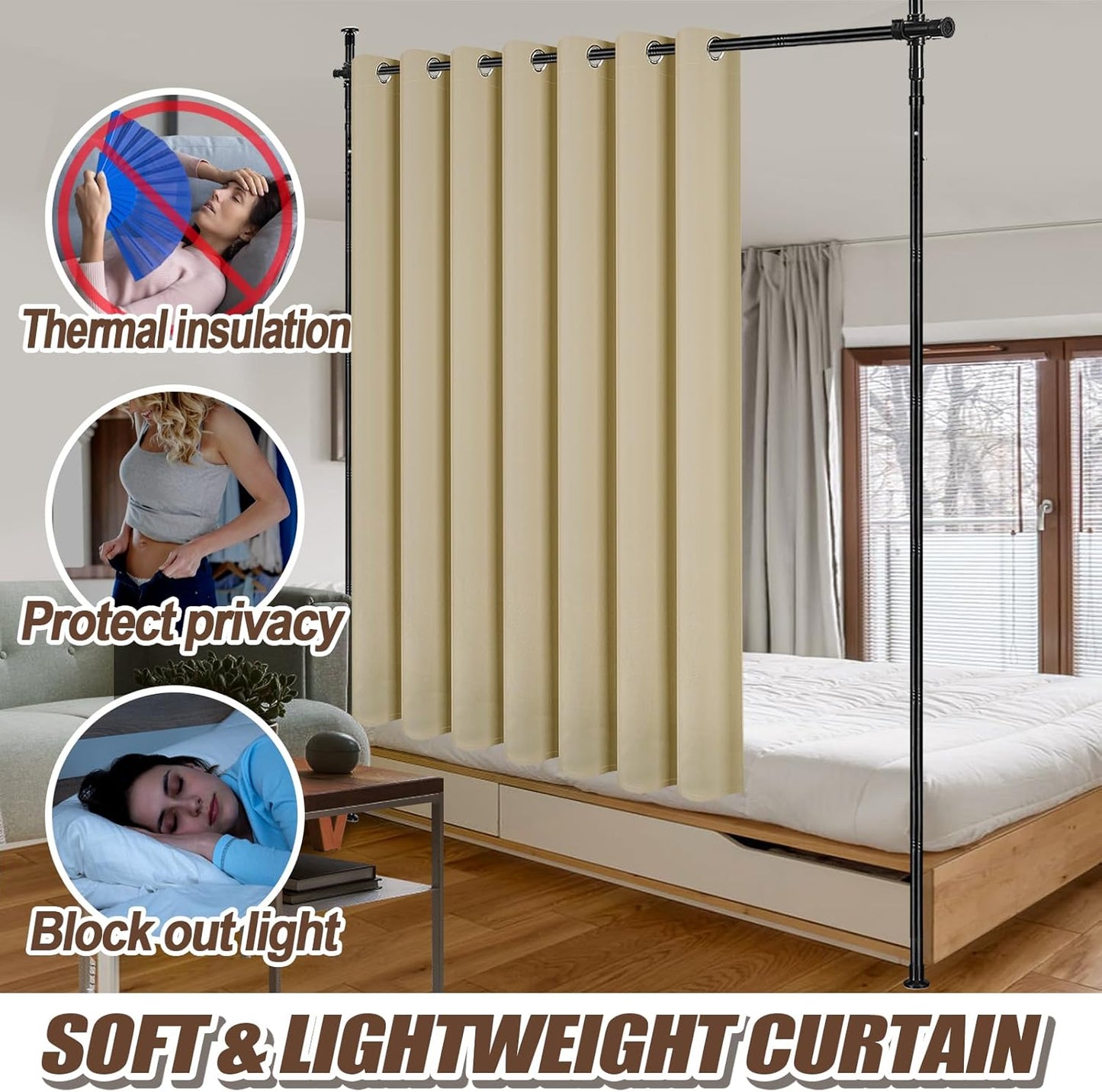 Room Divider Curtain and Rod Set - 6 x 10.2FT Adjustable Wall Divider Rod & Soft Privacy Curtains, Portable Easy to Install Room Separations for Room Blackout