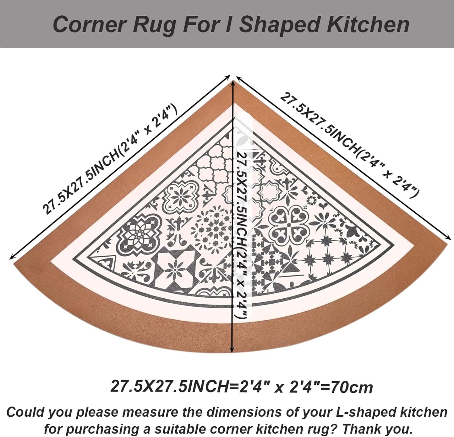 Corner Rug, L Shaped Kitchen Mat, Non Slip Corner Kitchen Rugs Washable, 4mm Thickness Rubber Kitchen Mats for Floor, Water Absorbent, Easy to Clean, VINTAGELILY-27.5X27.5INCH(Half Circle)