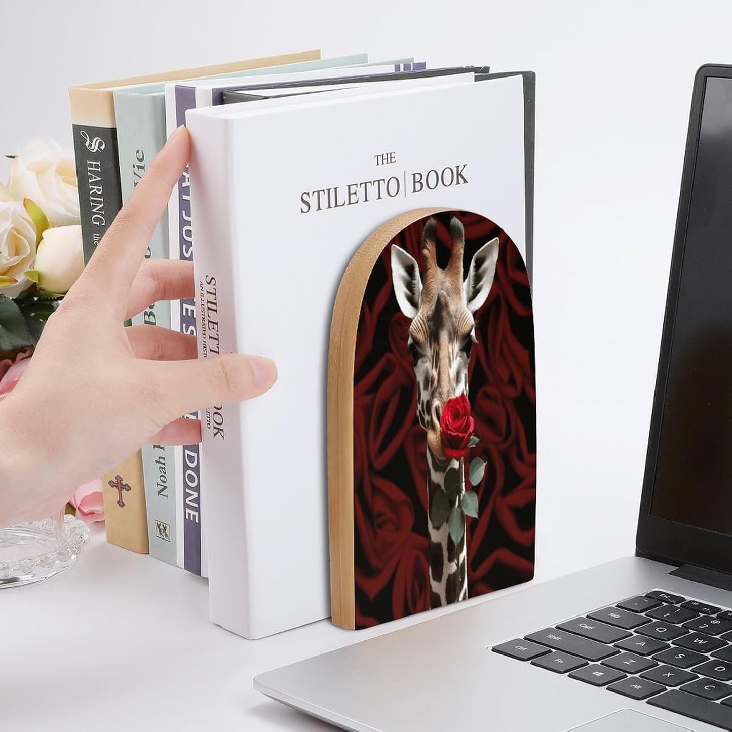 Non-Slip Bookend for Shelves Giraffe Kissing Flower Wooden Bookends with Metal Base Decorative Book Stopper for Home Heavy Duty Wood Book Storage for Books/CDs