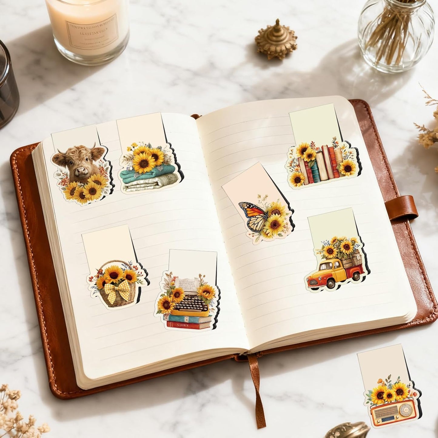 Vintage Sunflower Magnetic Bookmarks Gifts - 16 Pcs Wxiben Flower Highland Cow Magnet Book Page Markers Floral Bookmark Clips Gift for Book Lovers Students Teacher School Reading Office Supplies