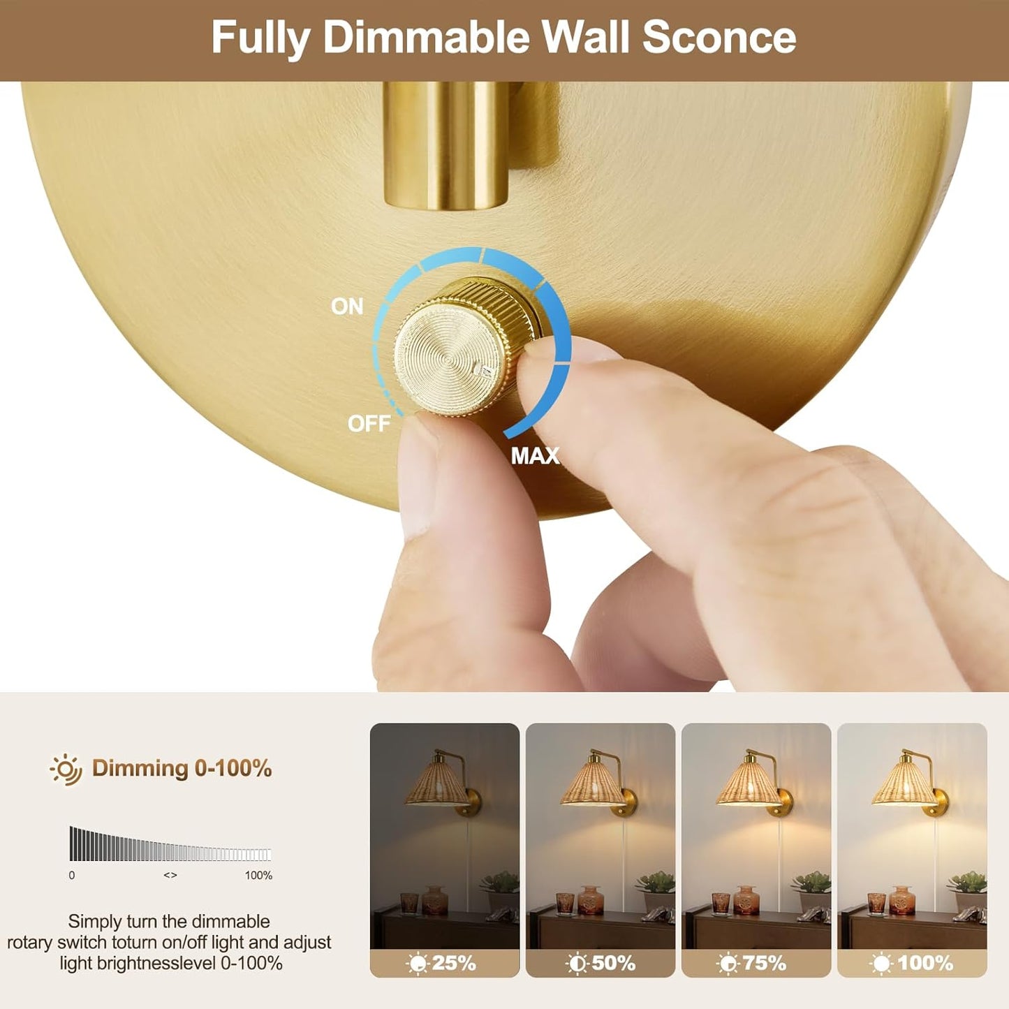 Rattan Plug in Wall Sconces Set of 2, Boho Wall Lamps with Plug in Cord and Dimmer Switch, Gold Hand Woven Swing Arm Wall Mount Light Fixture for Bedroom Living Room