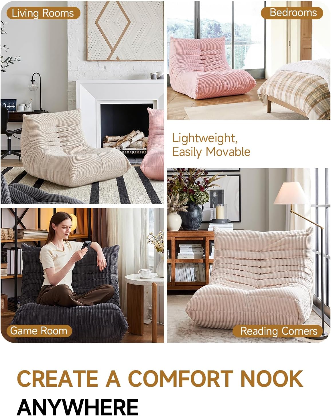 ZCUBED Large Bean Bag Chairs for Adults, Memory Foam Lounge Chair, Soft Corduroy Big Bean Bag Chair Lazy Sofa, Comfy Floor Beanbag Chair Single Sofa for Bedroom Living Room Fireside Book Nook, Beige
