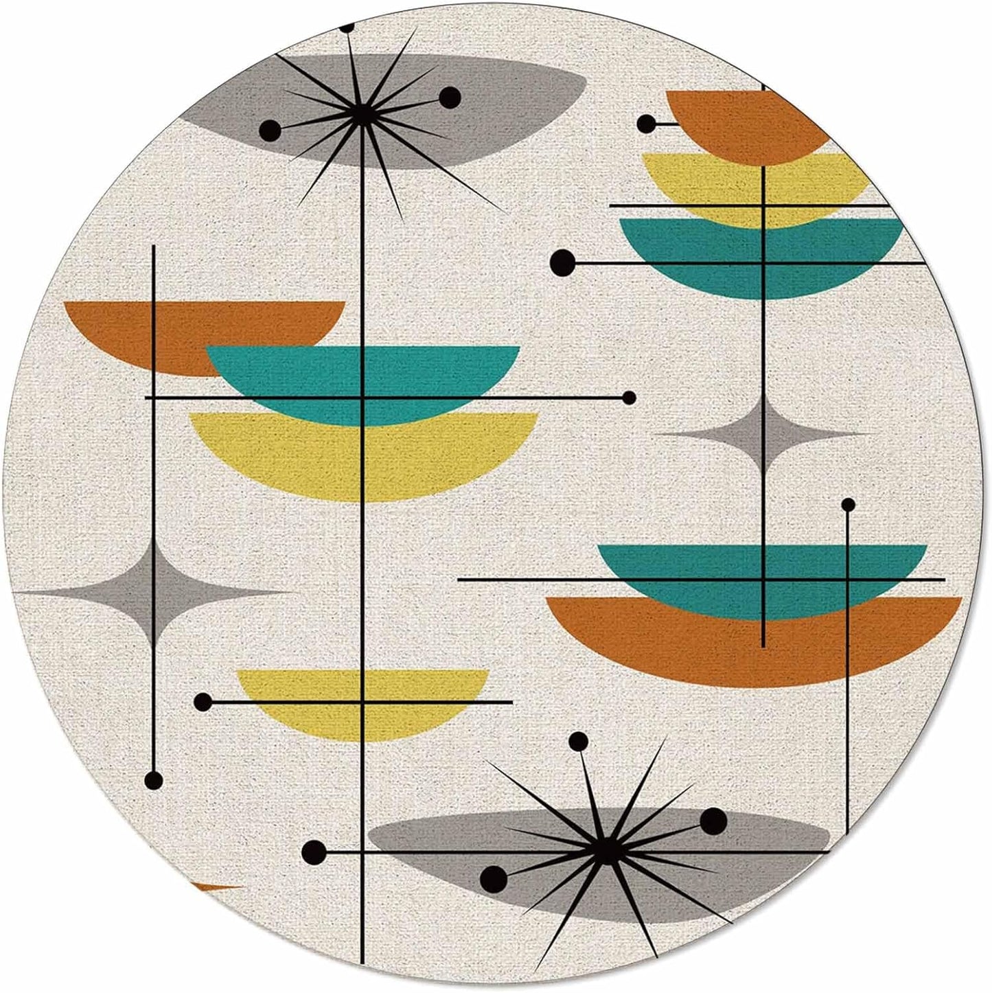 Mid Century Round Rug 3ft Abstract Orange Turquoise Yellow Throw Soft Area Rug Low Pile Non Slip Rug Carpet Washable Floor Mat for Living Room, Bedroom, Farmhouse, Office