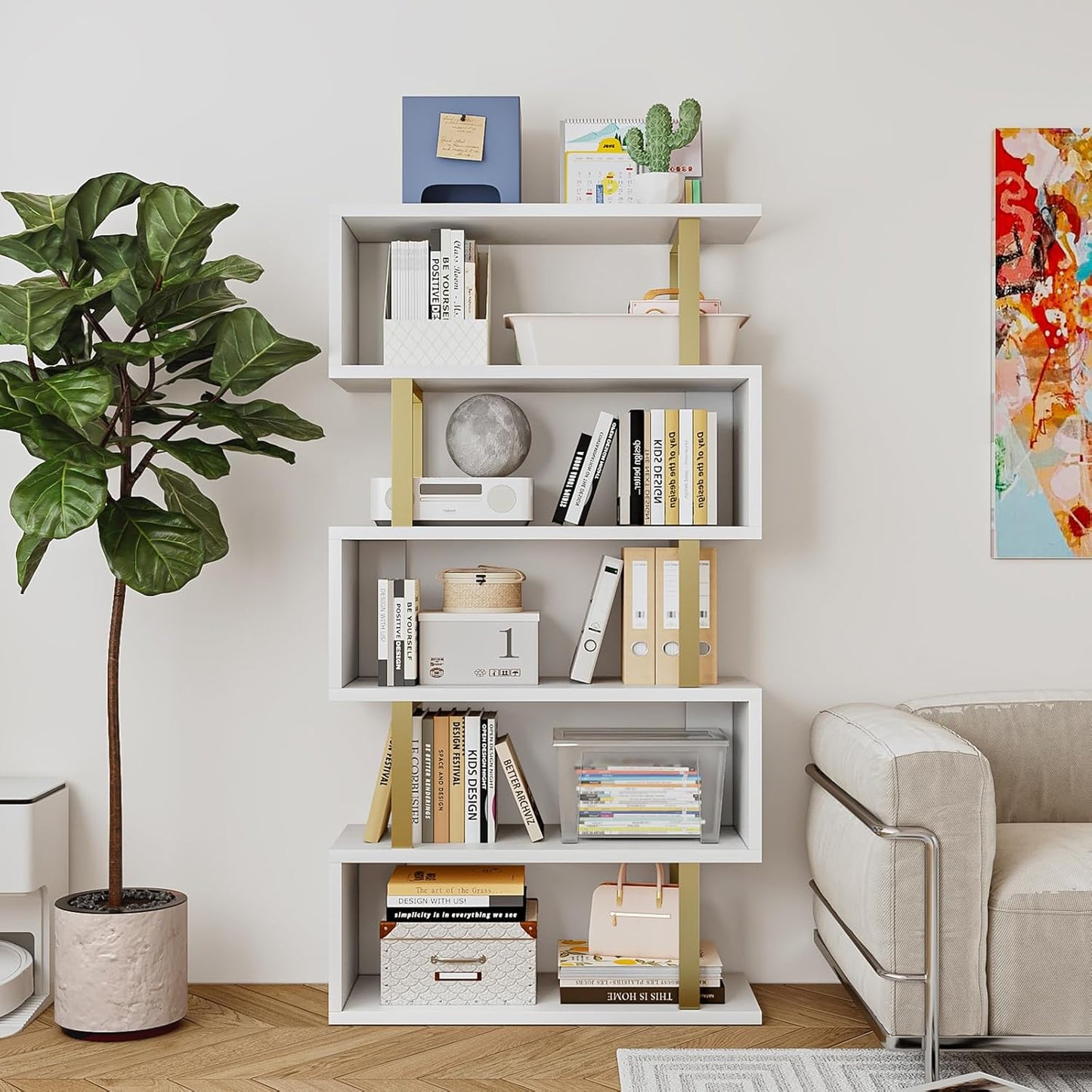 SORCEDAS Bookshelf Geometric Bookcase S Shaped Industrial Bookshelf Storage Display Stand Shelf for Living Room Bedroom and Office Room (White, 5 Tier)