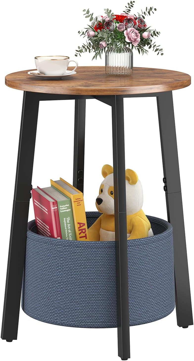 Small Round Side End Table with Storage Basket, Round Bedside Sofa Couch Coffee Tables for Small Places with Metal Frame, Modern Nighstands for Living Room Bedroom, Rustic Brown