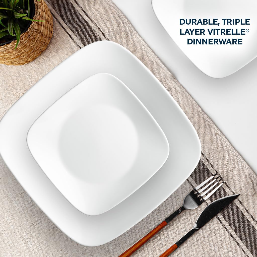Corelle Vitrelle 18-Piece Service for 6 Square Dinnerware Set Triple Layer Glass and Chip Resistant, Lightweight Square Plates and Bowls Set, Pure White