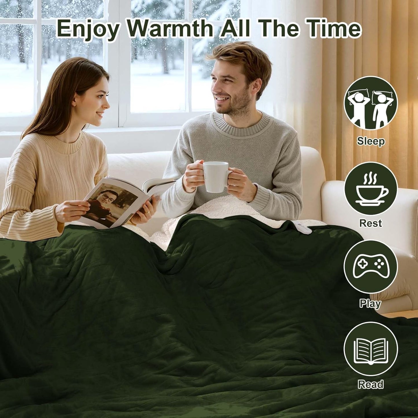 Heating Blanket Queen Size Washable - 84 x 90 Inch Double Zone Electric Blanket with 10 Hours Auto Off, 5 Heat Settings, Soft Flannel Sherpa Heated Blanket for Bed, ETL Certified, Green