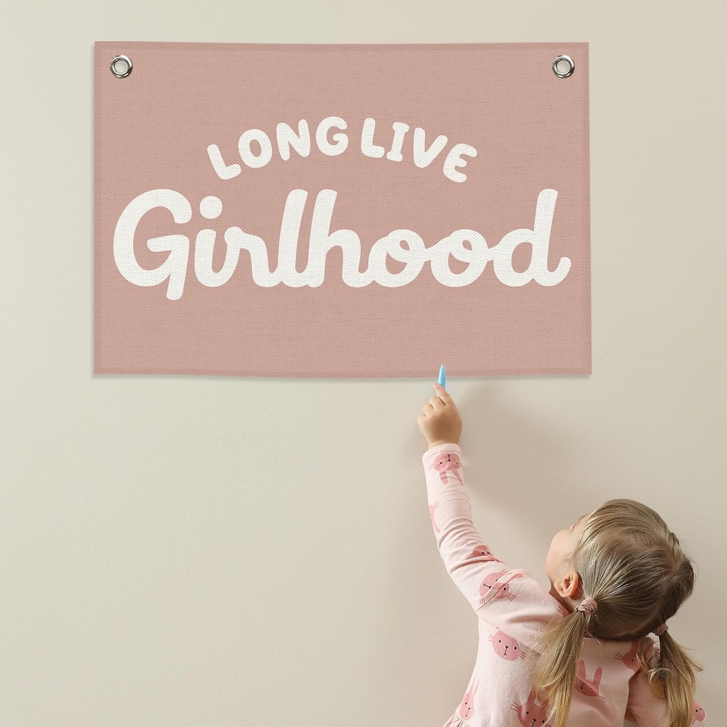 Long Live Girlhood Girls Kids Banner Canvas, Girly Toddler Room Decor, Boho Pink Playroom Hanging Flag Sign, Nursery Preppy Wall Tapestry Art for Baby Shower Classroom Bedroom Decor 20x30in