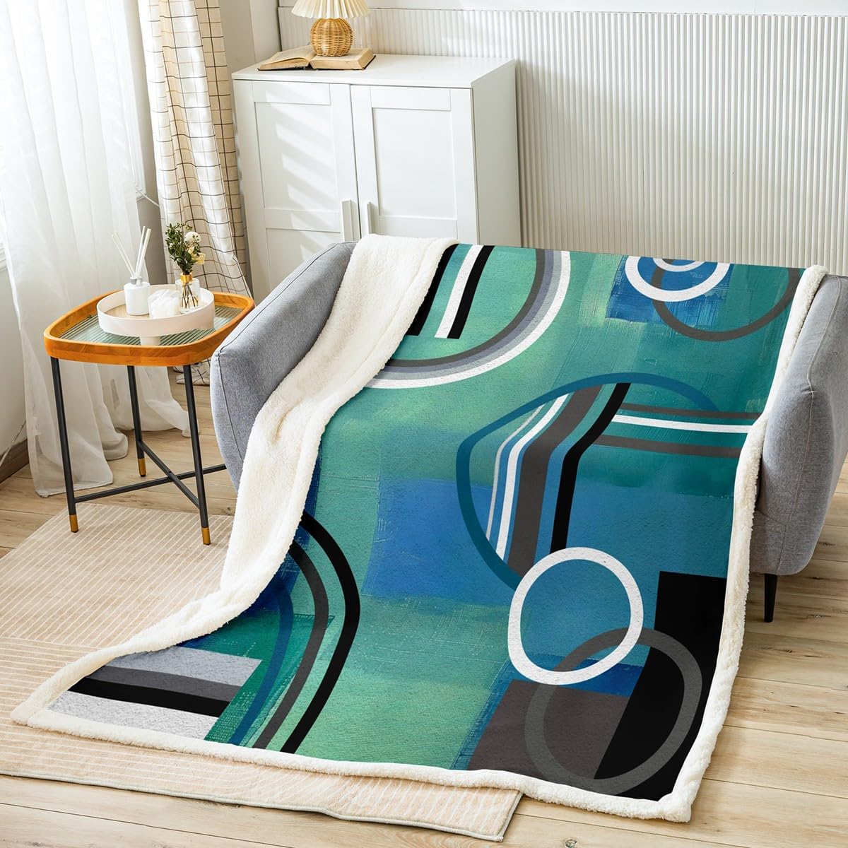 Geometric Fleece Blanket Twin Size,Oil Painting Throw Blanket Watercolor Sherpa Blanket,Circles Fuzzy Blanket,Blue Green Black Grey Modern Artwork Luxury Soft Cozy Plush Bed Blanket