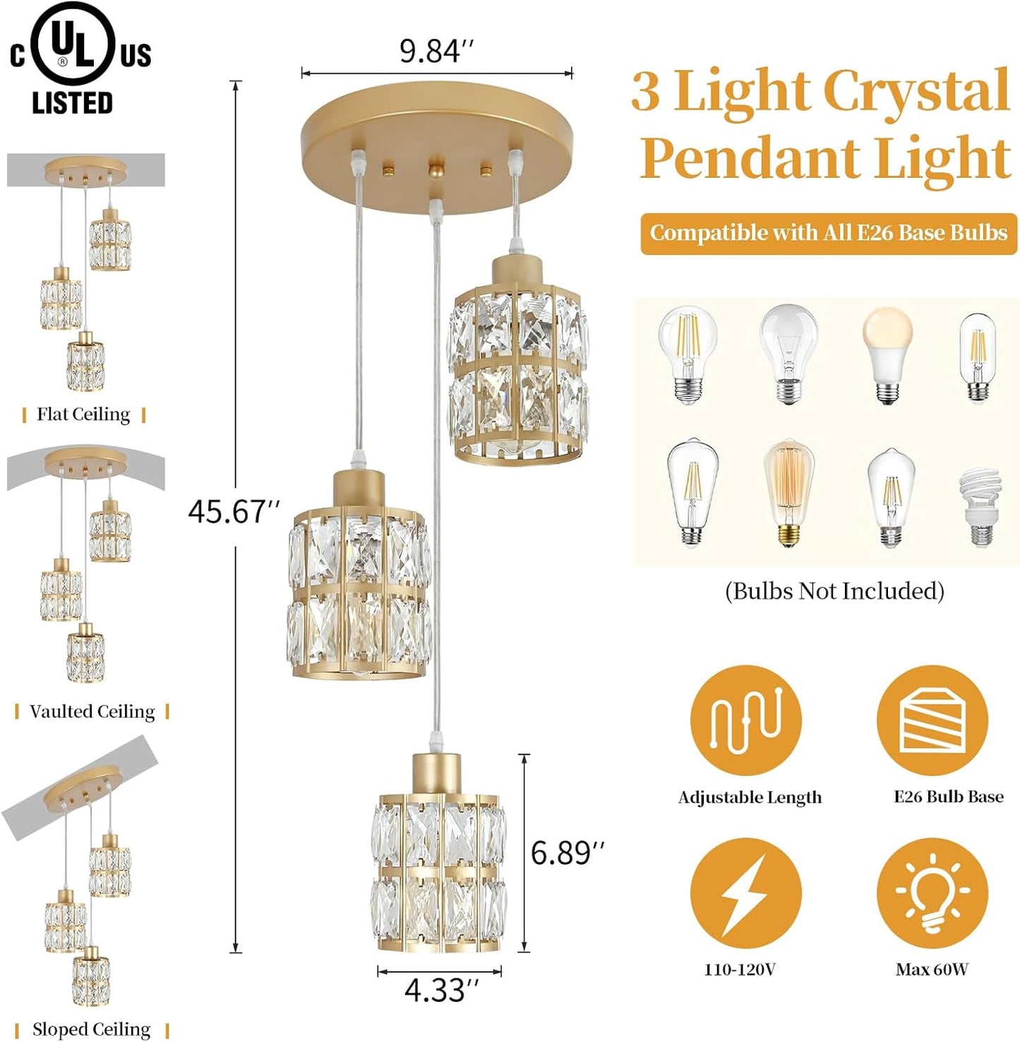 Modern Gold Crystal Pendant Light Fixture - 3-Light Adjustable Hanging Lamp for Kitchen Island, Dining Room, Living Room & Bedroom | Dimmable, Quick Install Farmhouse & Industrial Pendant Lighting