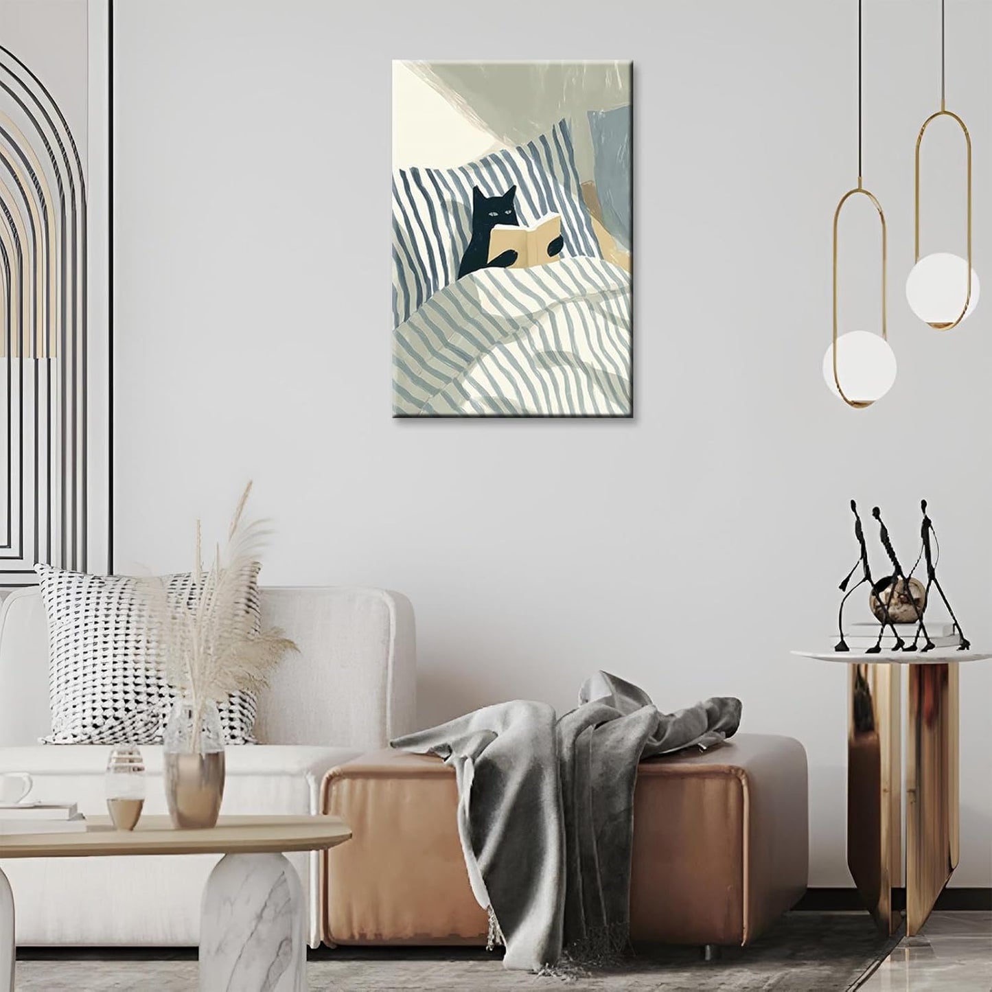 Vintage Black Cat Reading Cat Canvas Wall Art Funny Blue And White Striped Cat In Bed Posters Whimsical Animal Aesthetic Prints Painting For Home Bedroom Dorm Wall Decor 12x16in Unframed