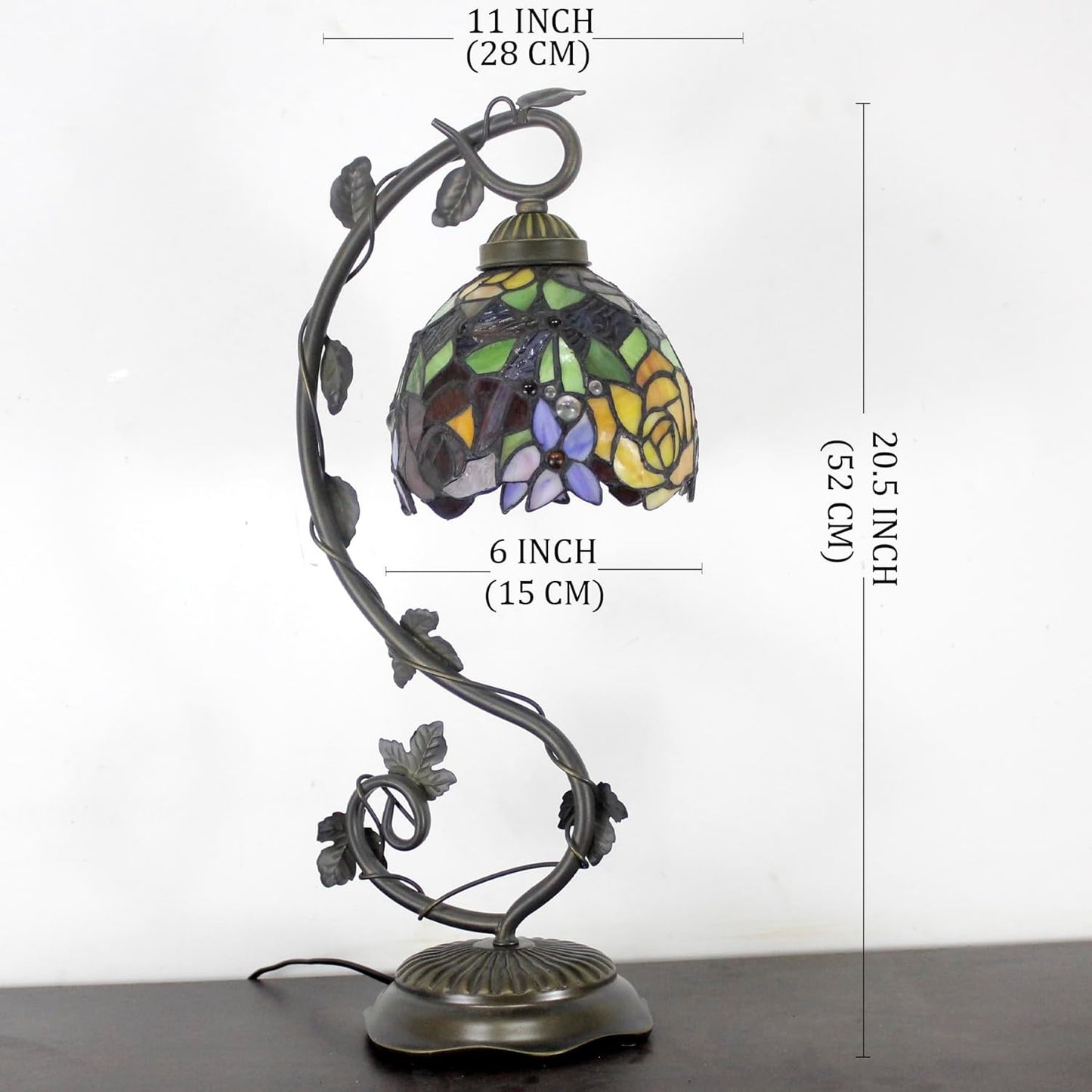 WERFACTORY Tiffany Table Lamp Red Rose Style Stained Glass Reading Desk Light with Metal Leaf Base 6X10X21 Inches Decor Small Space Bedroom Home Office S001 Series