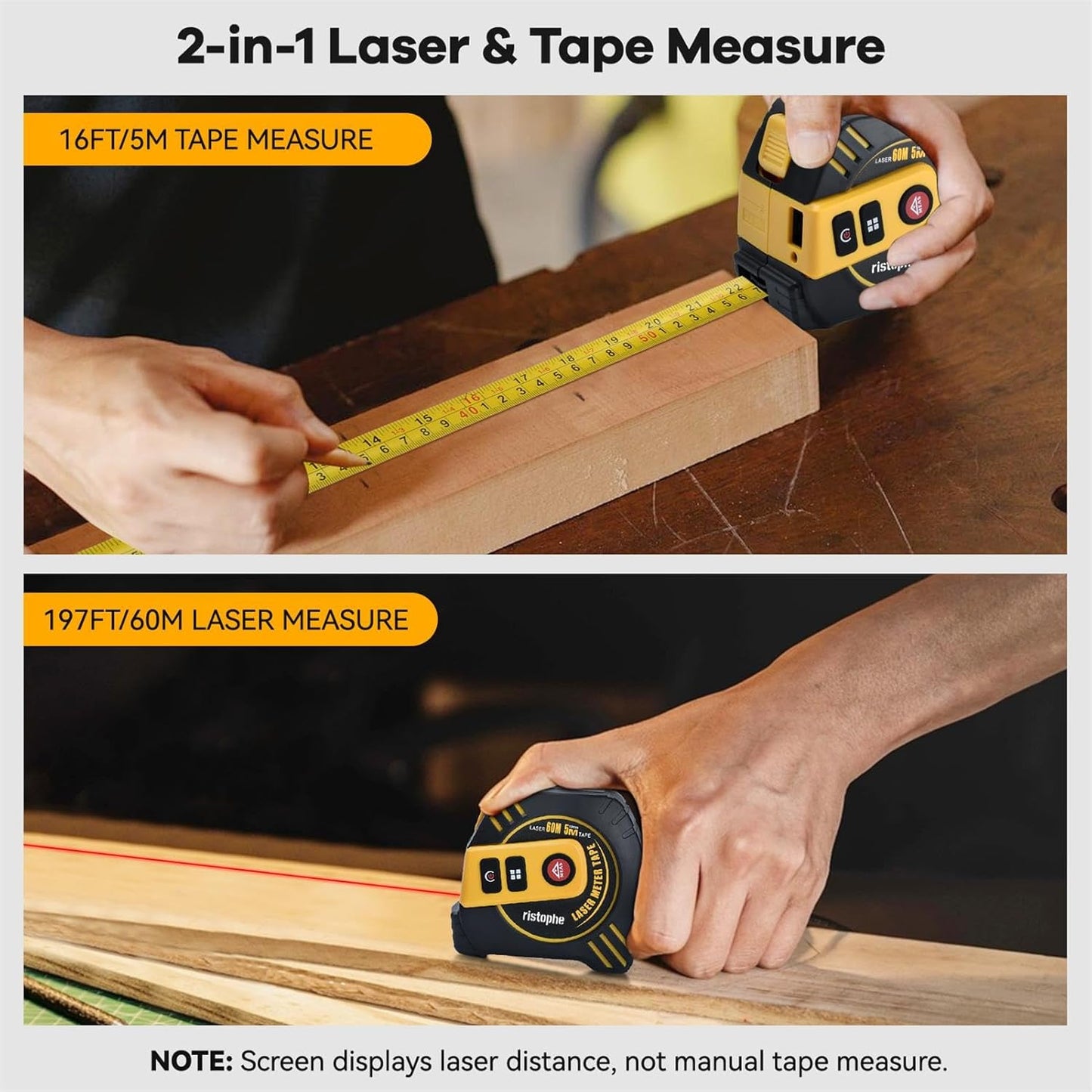 2-in-1 Laser Tape Measure - ristophe 197Ft Digital Tape Measure & 16Ft Measuring Tape with LCD Display - Pythagorean, Area, Volume Laser Measuring Tool for Construction & Woodworker (M/in/Ft Unit)
