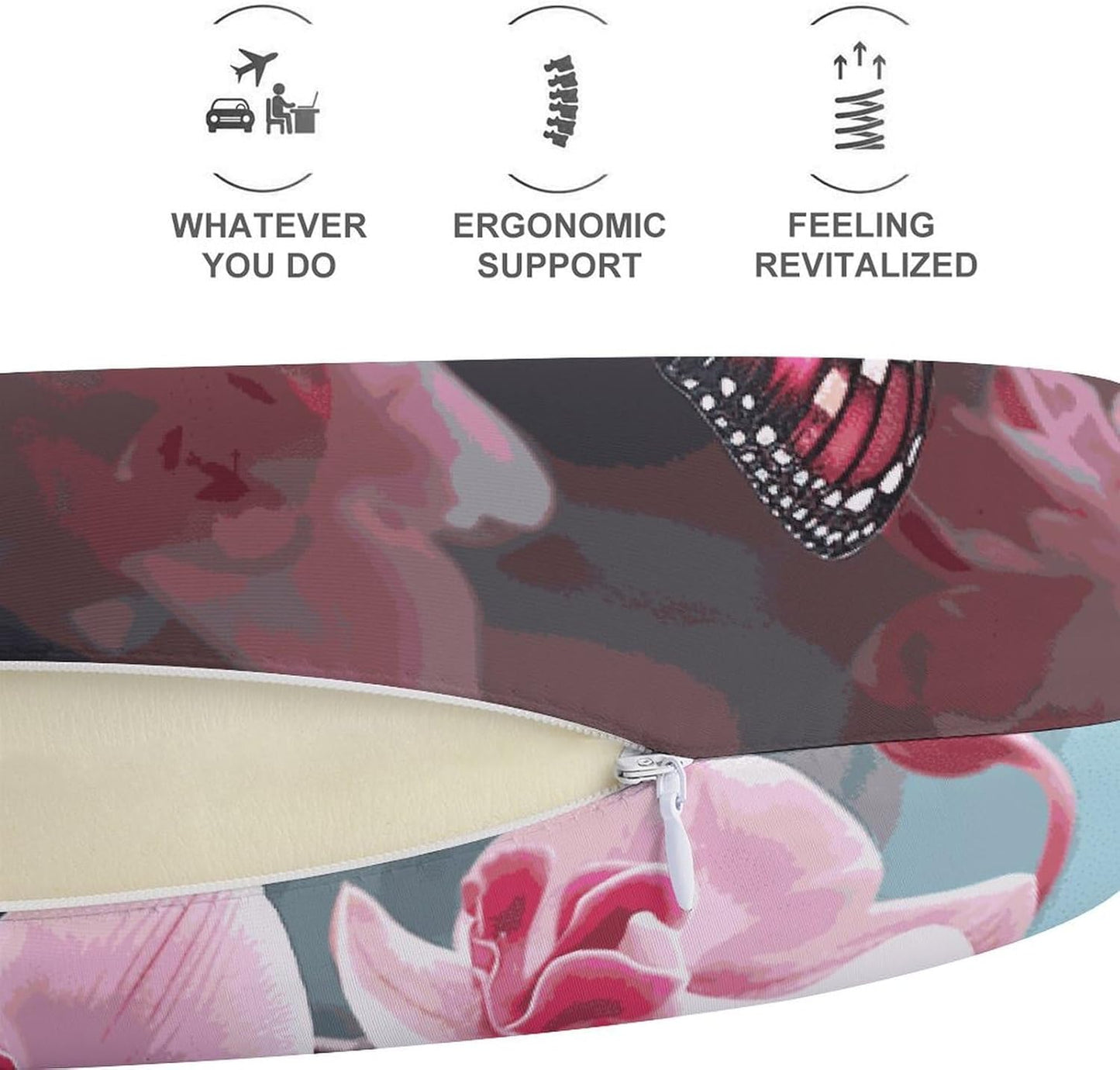 Orchid Flower Butterfly Soft Fresh Spring Neck Pillow Memory Foam U Shaped Pillows Portable Pillows for Shoulder Travel Head Support Pillow with Concealed Zipper for Airplane Car Home Office