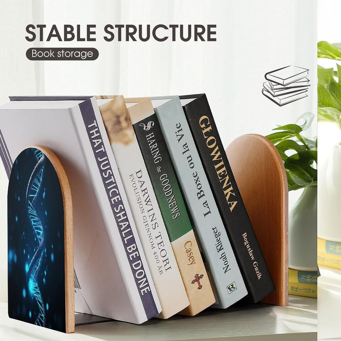 Blue DNA Structure Bookend for Shelves Wooden Book End Large Size Sturdy Book Holders Stoppers with Metal Base for Bookshelves Slick Decorative Bookends Stands