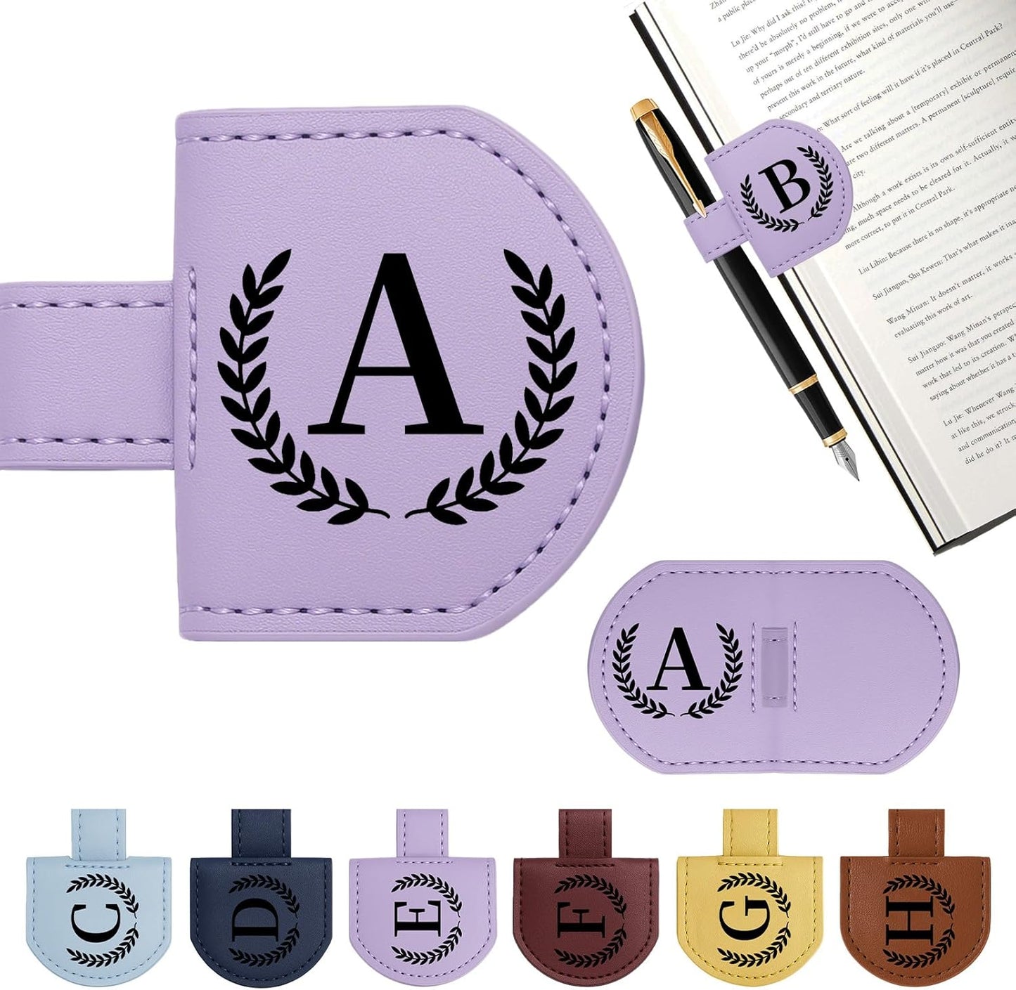 Personalized Magnetic Bookmark Pen Holder, Leather Book Marks for Reading Women& Men, Engraving 26 Letters Name Initial Bookmarks with Pencil Pen Holder, Gift for Book Lovers, Readers (Purple, A)