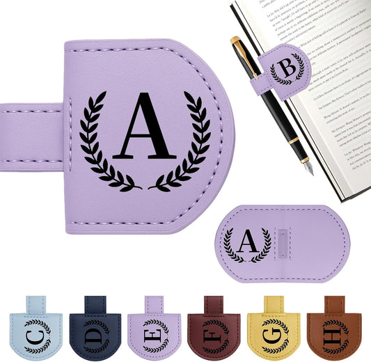 Personalized Magnetic Bookmark Pen Holder, Leather Book Marks for Reading Women& Men, Engraving 26 Letters Name Initial Bookmarks with Pencil Pen Holder, Gift for Book Lovers, Readers (Purple, A)