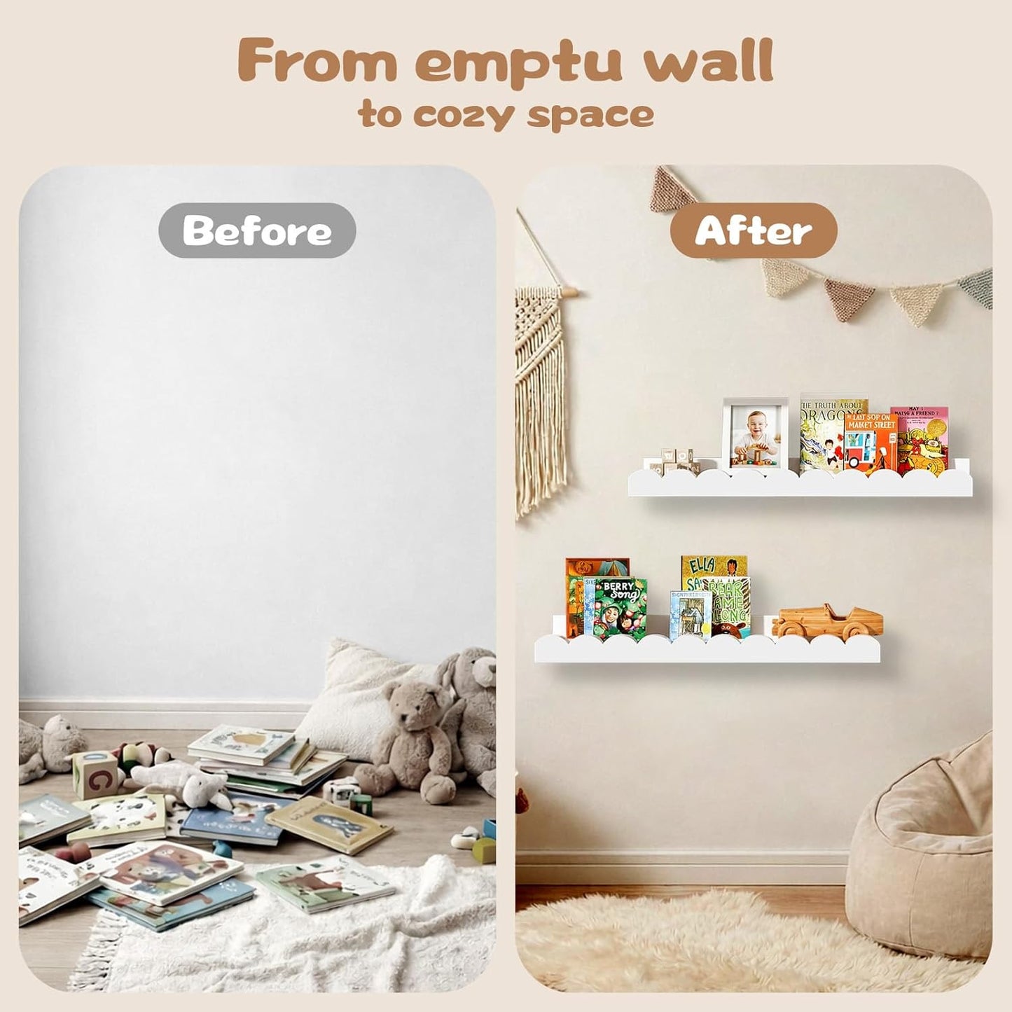 Nursery Floating Shelves for Kids Room, 2 Pack 23.6 Inch White Wall Shelves with Scalloped Edge, Kids Bookshelves for Toddler Bedroom, Playroom, Baby Nursery Decor