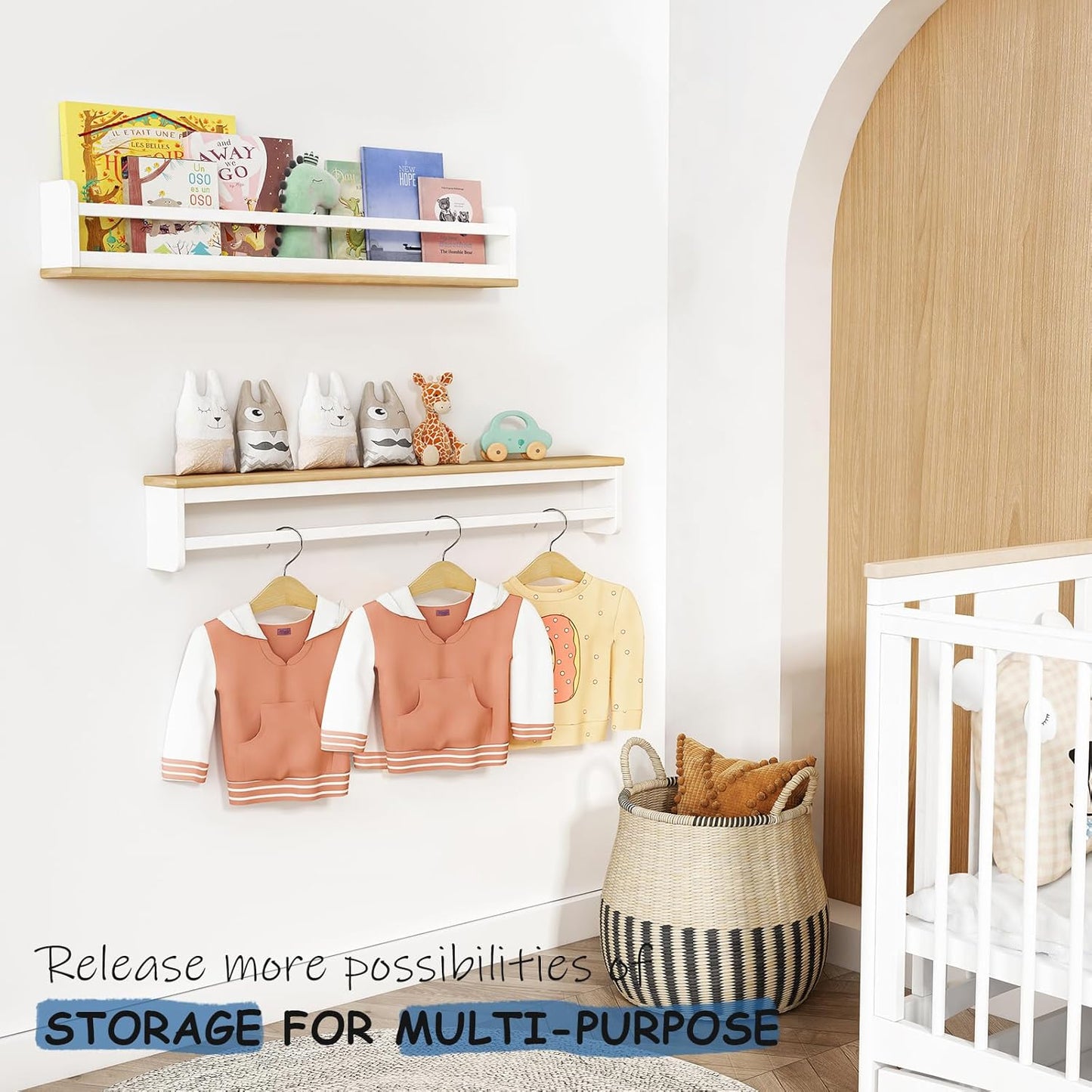 Kids Bookshelf Wall Mounted 36 Inch Long, White and Natural Wood Nursery Floating Bookshelves for Wall, Large Hanging Book Shelves for Baby Toddler Kid Childs Bedoom Playroom -Set of 3
