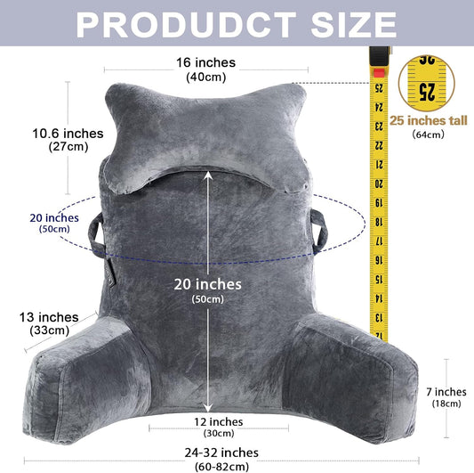 Reading Pillow-Bed Rest Pillow with Detachable Neck Roll & Higher Support Arm for Sitting in Bed Couch or Floor-Backrest Reading Pillow Adult Back Pillow for Reading/Watching TV/Gaming,Dark Grey