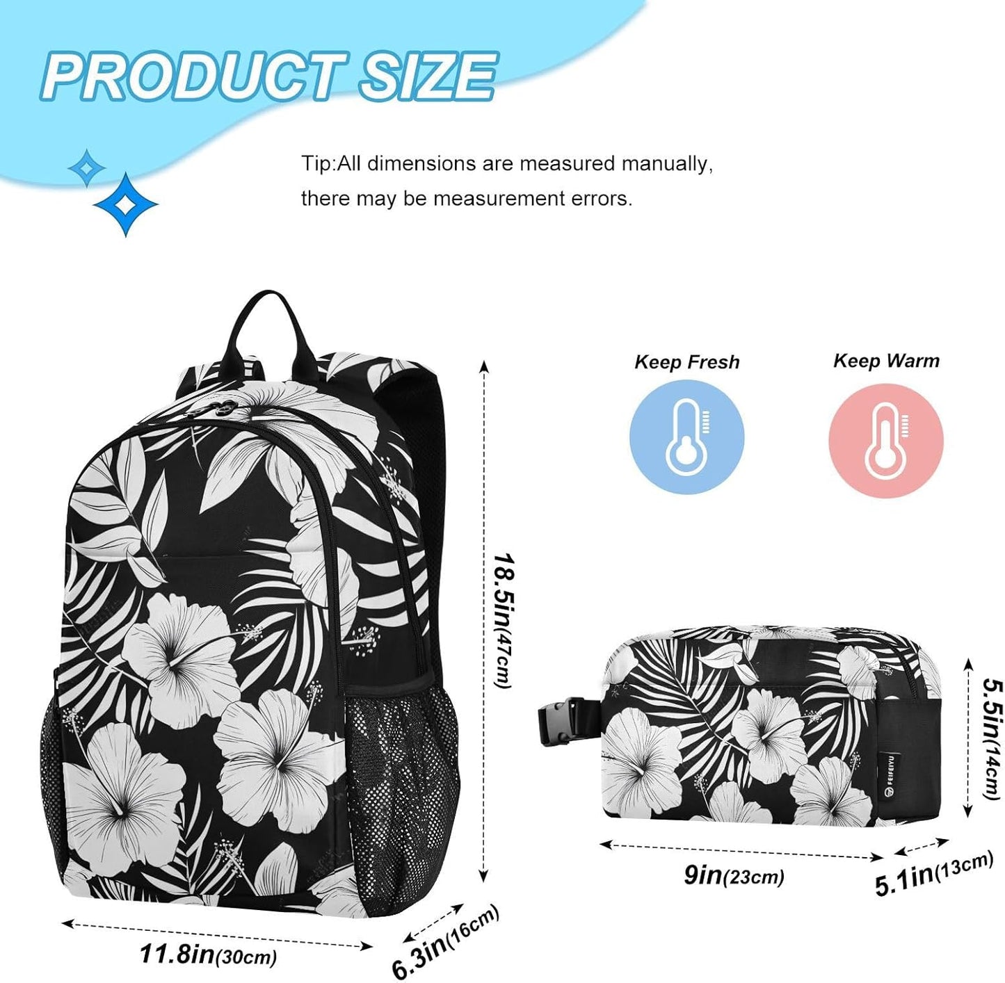 Backpack with Lunch Bag Bookbag Set,Hibiscus Flower Black White Pattern Backpack for Middle High School College Student,21L Schoolbag Kid's Backpack Bookbag Casual Daypack