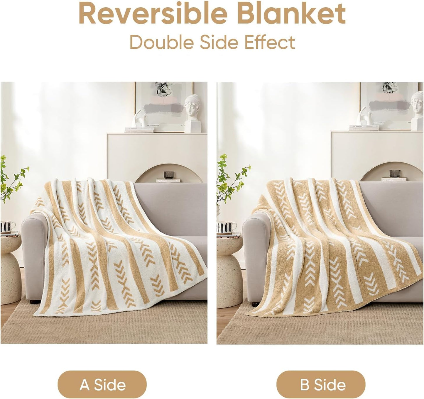 Snuggle Sac Beige Boho Throw Blanket, 50x60 Soft Reversible Fuzzy Knit Throw for Couch, Sofa, Bed, Travel, Cozy Plush Microfiber Blanket for Neutral Home Decor & Gifts