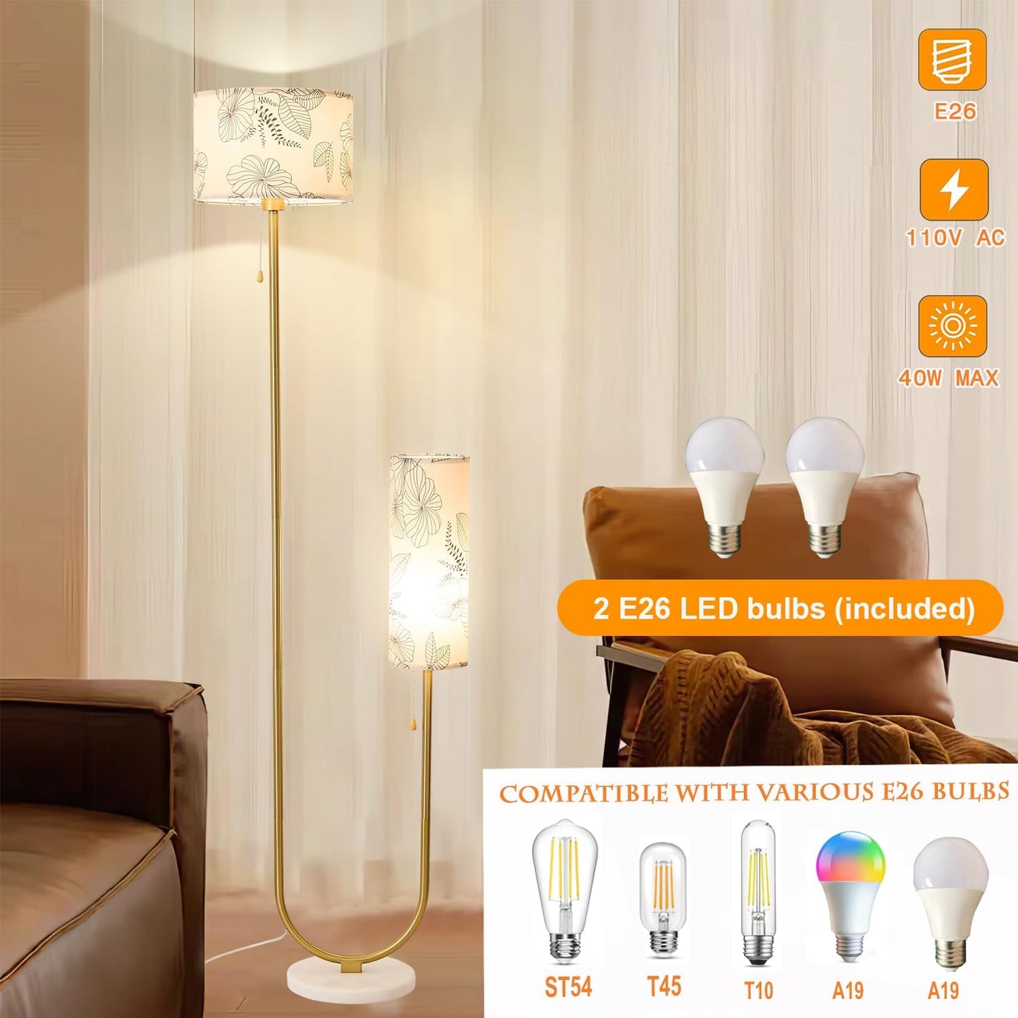 Floor Lamp for Living Room,Modern U-Shaped Standing Lamps with 2 Fabric lampshades, Rustic Farmhouse Tall Pole Light for Bedroom Corner Reading (Gold+White Shade)