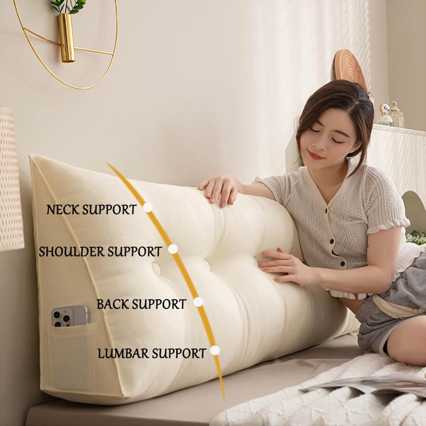 Large Headboard Wedge Pillow Bed Reading Pillow, Comfortable Wedge Reading Pillow Lumbar Support Cushion for Bedroom Dorm Garden Sofa,F,60cm