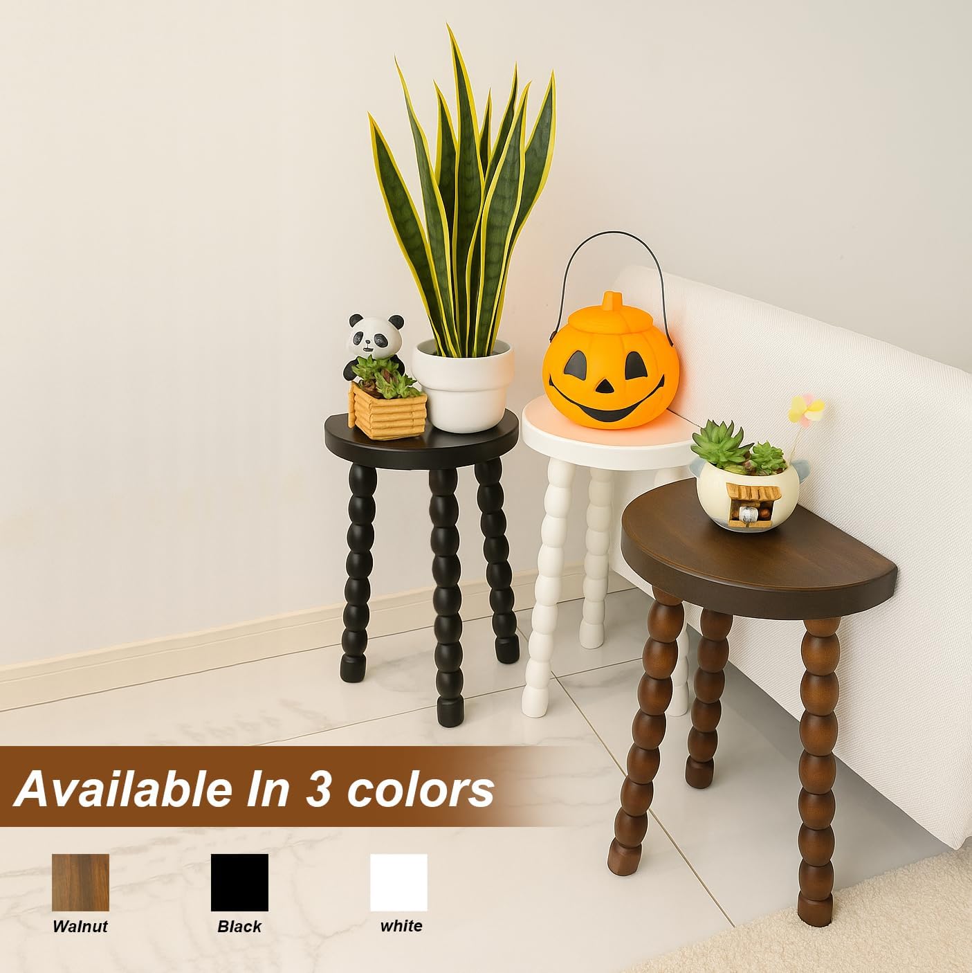 Wooden Bobbin Side Table - Plant Stand - Half Round Table - Wooden Accent Stool- Minimalist Decorative Table for Bedroom, Hallway, Living Room (1, Black)