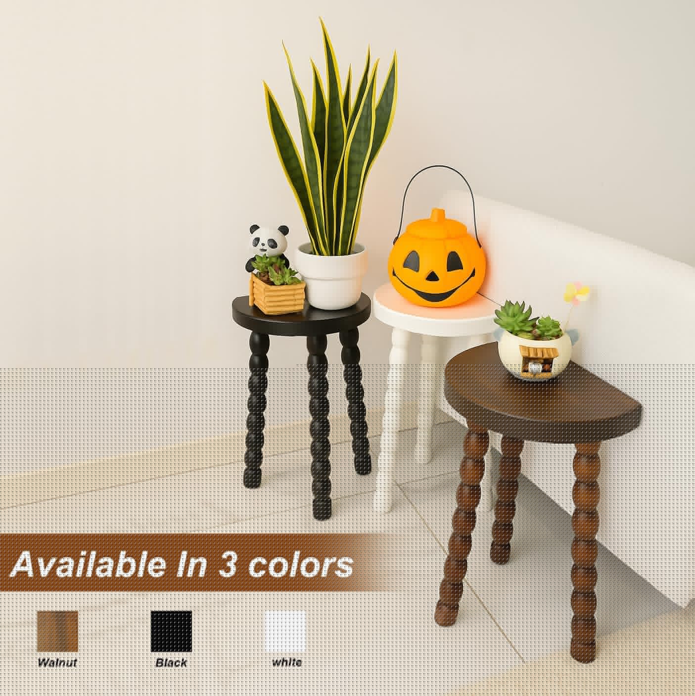 Wooden Bobbin Side Table - Plant Stand - Half Round Table - Wooden Accent Stool- Minimalist Decorative Table for Bedroom, Hallway, Living Room (1, Black)