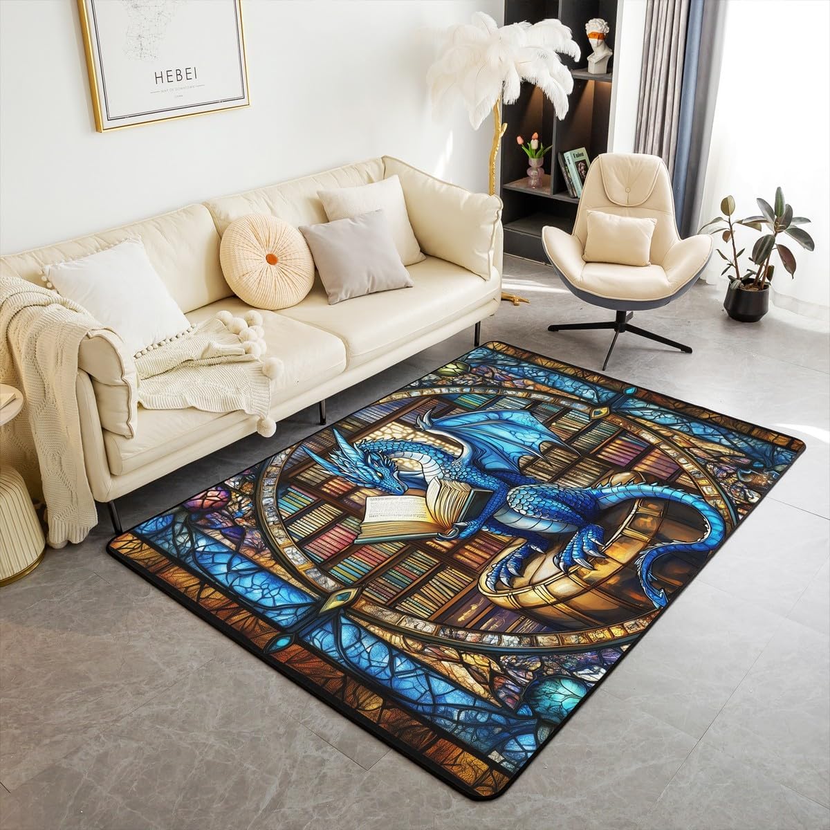 Western Dragon Kids Area Rug,Blue Dragon Reading Book Bookshelf Mats Rugs for Boys Girls,Geometric Patchwork Abstract Bath Carpets,Trippy Chic Bath Rugs,Absorbent Floor Mats,5'x6'6''