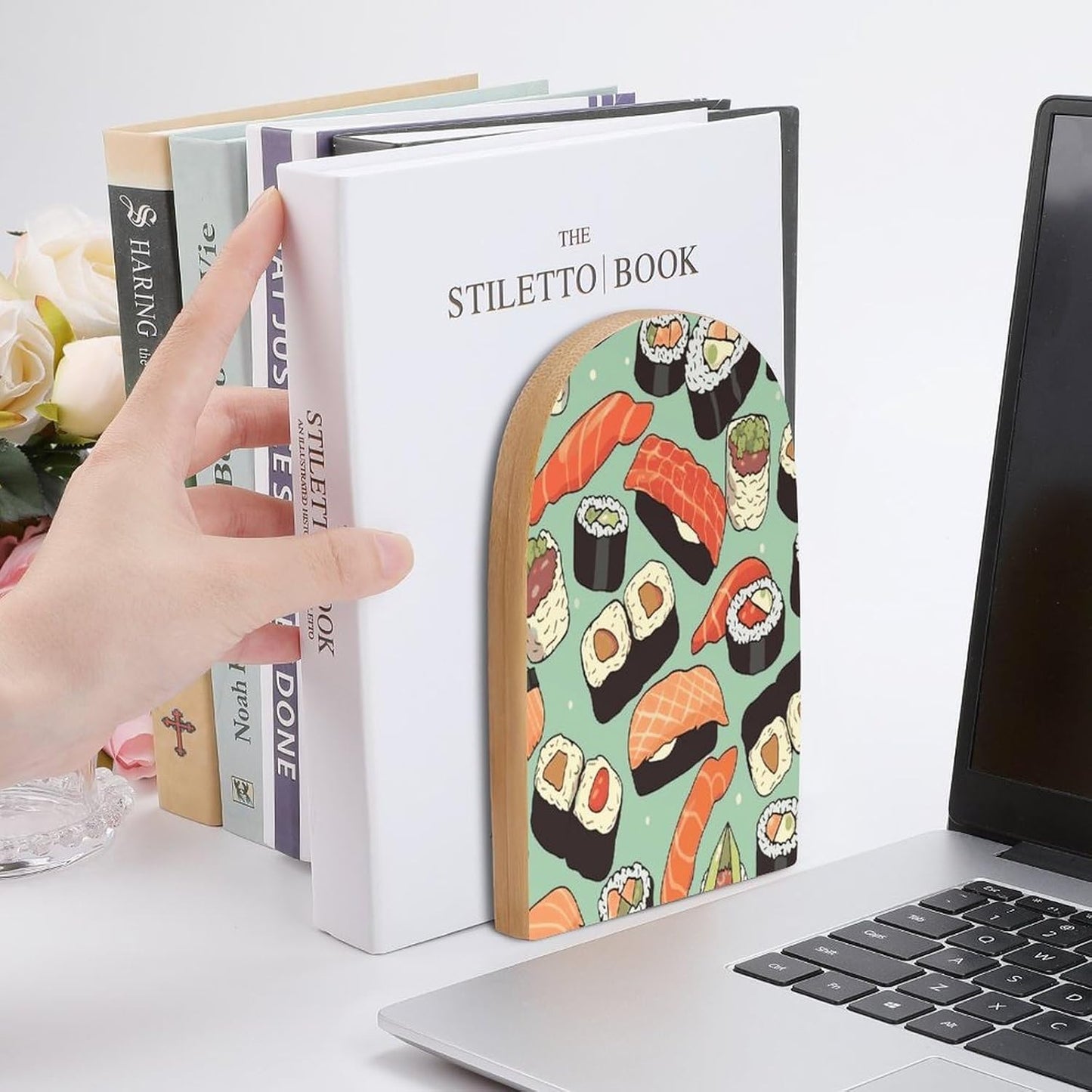 Non-Slip Bookend for Shelves Sushi Food Pattern Wooden Bookends with Metal Base Decorative Book Stopper for Home Heavy Duty Wood Book Storage for Books/CDs