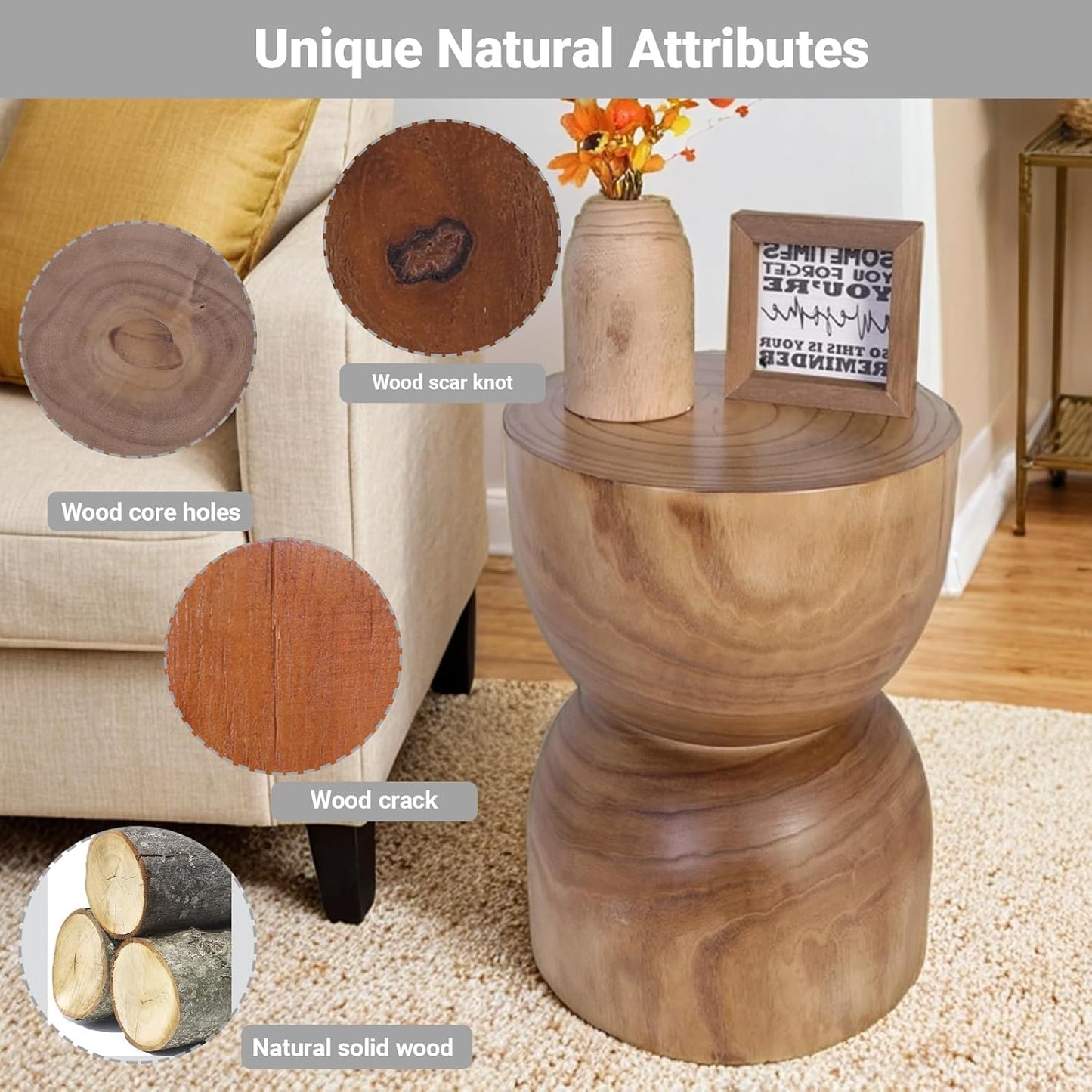 TORMAYS HOME Small Solid Wood Stump Side Table 15.8” H x 11.8” Dia, Handmade Natural Tree Stump Accent Table, Rustic Farmhouse End Table for Small Spaces, Fully Assembled