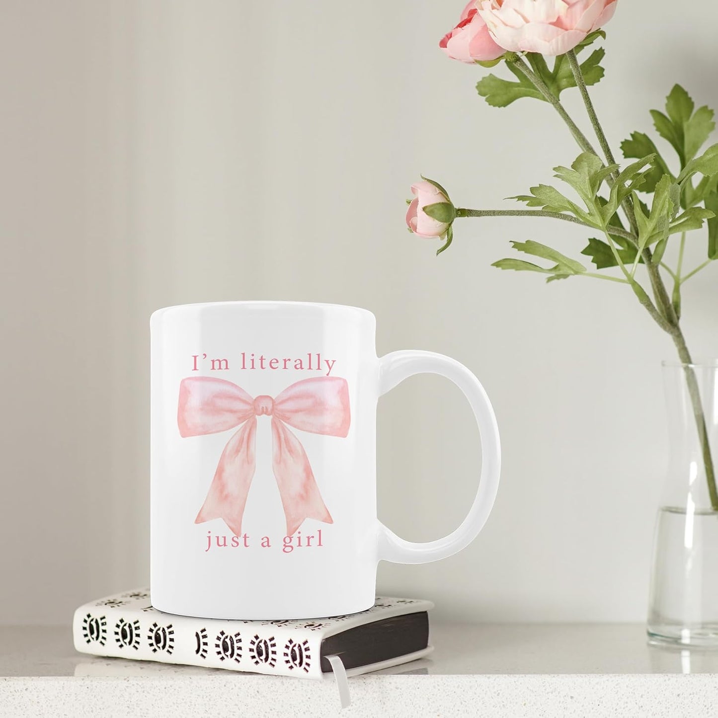 Pink Preppy Coquette Bow Mug,Bow On Ceramic Coffee Cup 11oz, I'm Literally Just A Girl White Ceramic Mug For Women Girls Bestfriend Sister Girlfriend,Pink Bow Lovers Gift