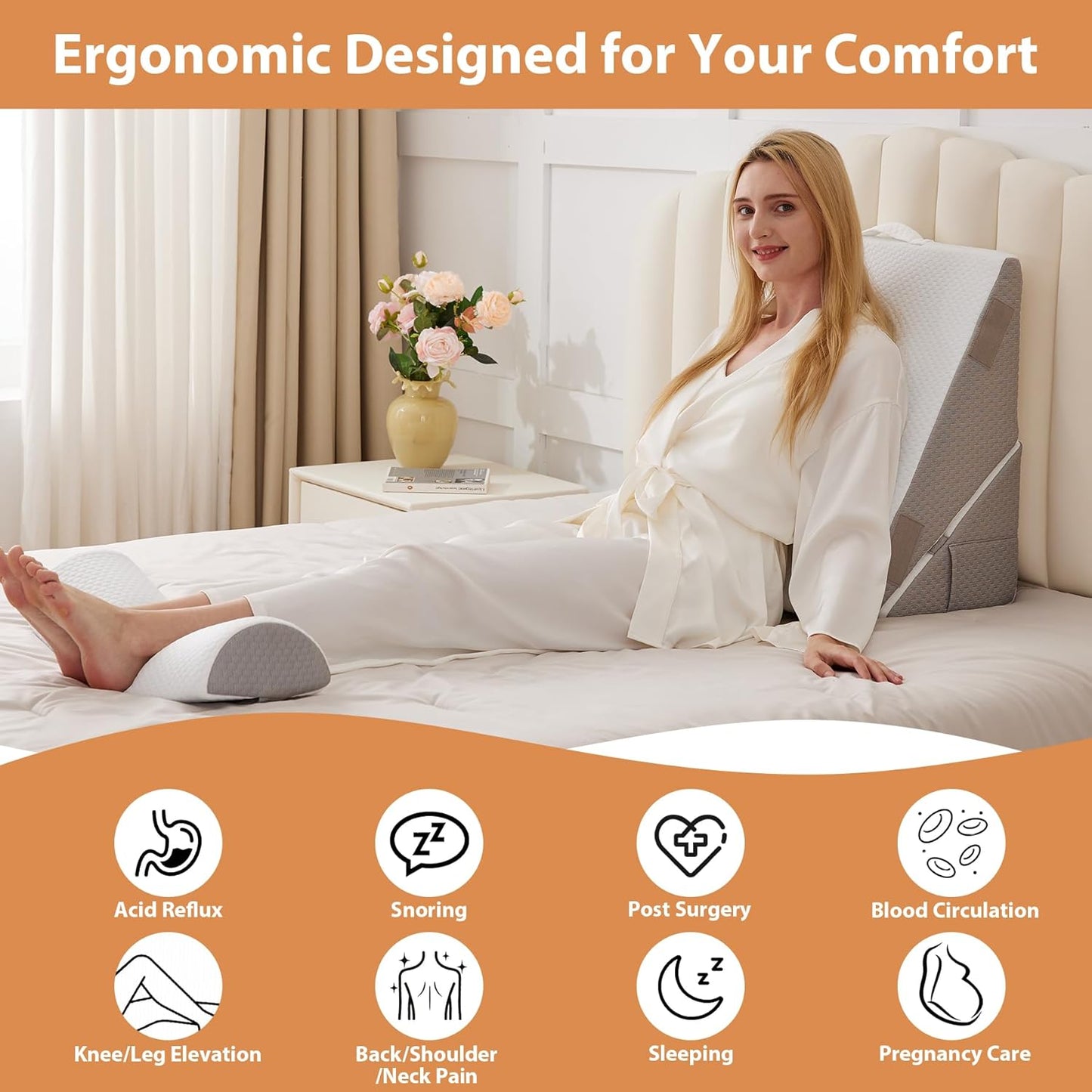 Wedge Pillow Set for After Surgery, Wedge Pillow for Acid Reflux, Bed Wedge Pillow with Adjustable 9&12inch for Headboard,Sleeping, Orthopedic Memory Foam for Neck&Back Support, White/Grey