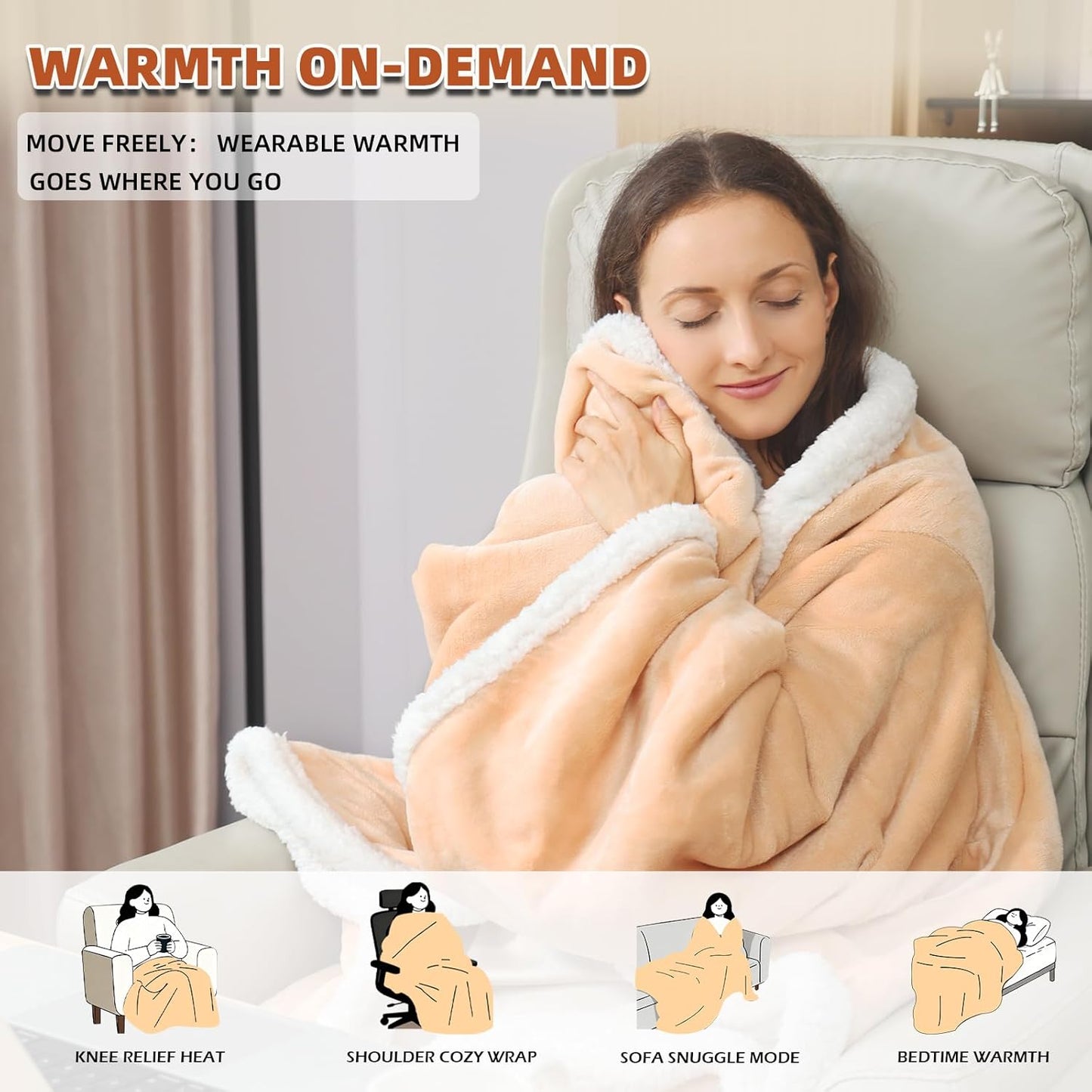 Butizone Heated Throw Blanket with Sleeves, Wearable Electric Blanket with Foot Pocket, 6 Adjustable Heat Settings, 70 * 50", Cozy Flannel and Sherpa, Beige