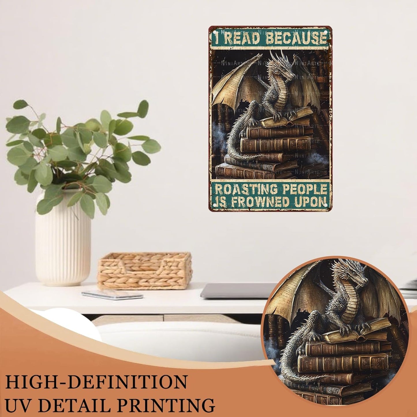 Dragon Metal Poster Decor I Read Because Roasting People Is Frowned Upon Dragon Reading Sign for Home Cafe Bedroom Library Wall Decor 8X12Inch