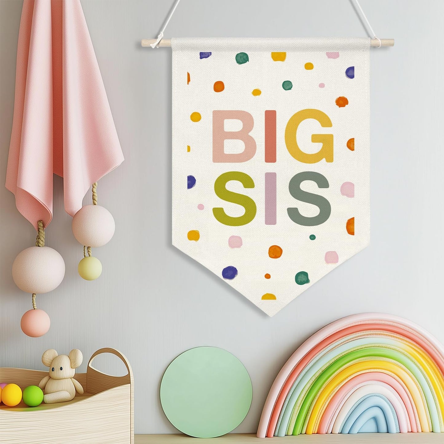 BIG SIS Wall Hanging Banner,Colorful Canvas Nursery Sign for Baby Girl, Little Sister Room Decor, Toddler Bedroom or Playroom Wall Hanging Poster, Lovely Gift for Newborn Girls or Big Sister Reveal 16x11inch(KD13)
