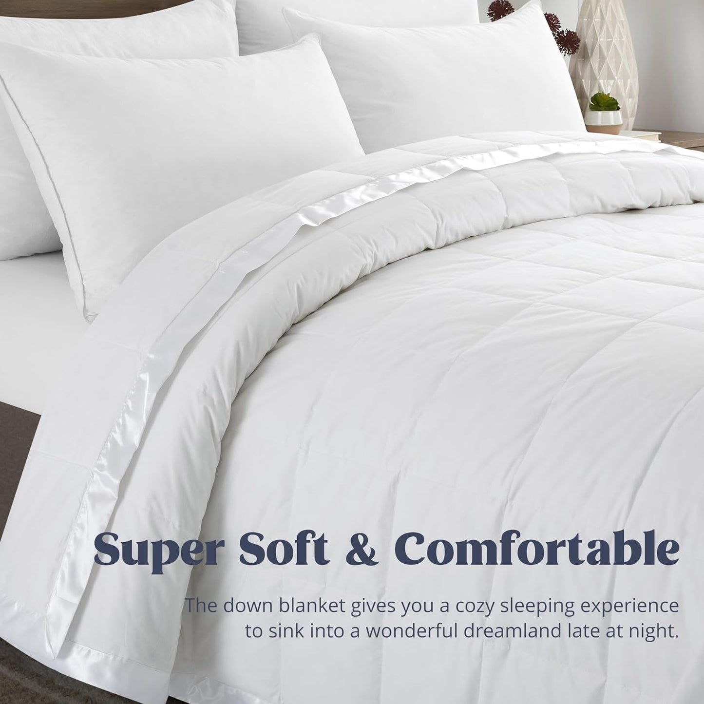 puredown® Blankets Queen Size - Soft Lightweight Down Blanket for Bed, Cozy Warm Luxury Bed Blanket with Satin Trim, White (90"X90")
