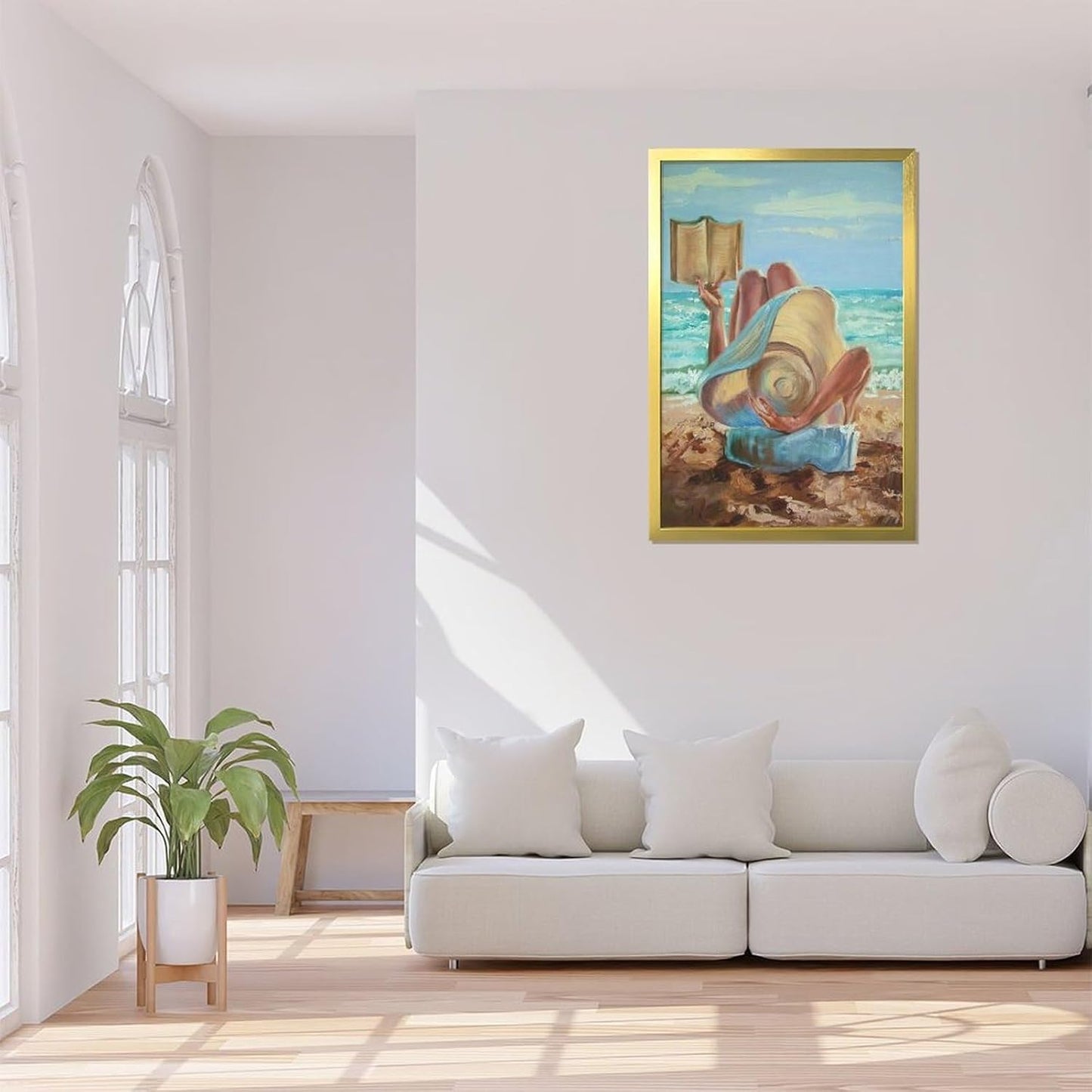 Rucatto Artistic Painting Poster of Woman Reading A Book on The Beach Wall Art Paintings Canvas Wall Decor Home Decor Living Room Decor Aesthetic 08x12inch(20x30cm) Golden-style