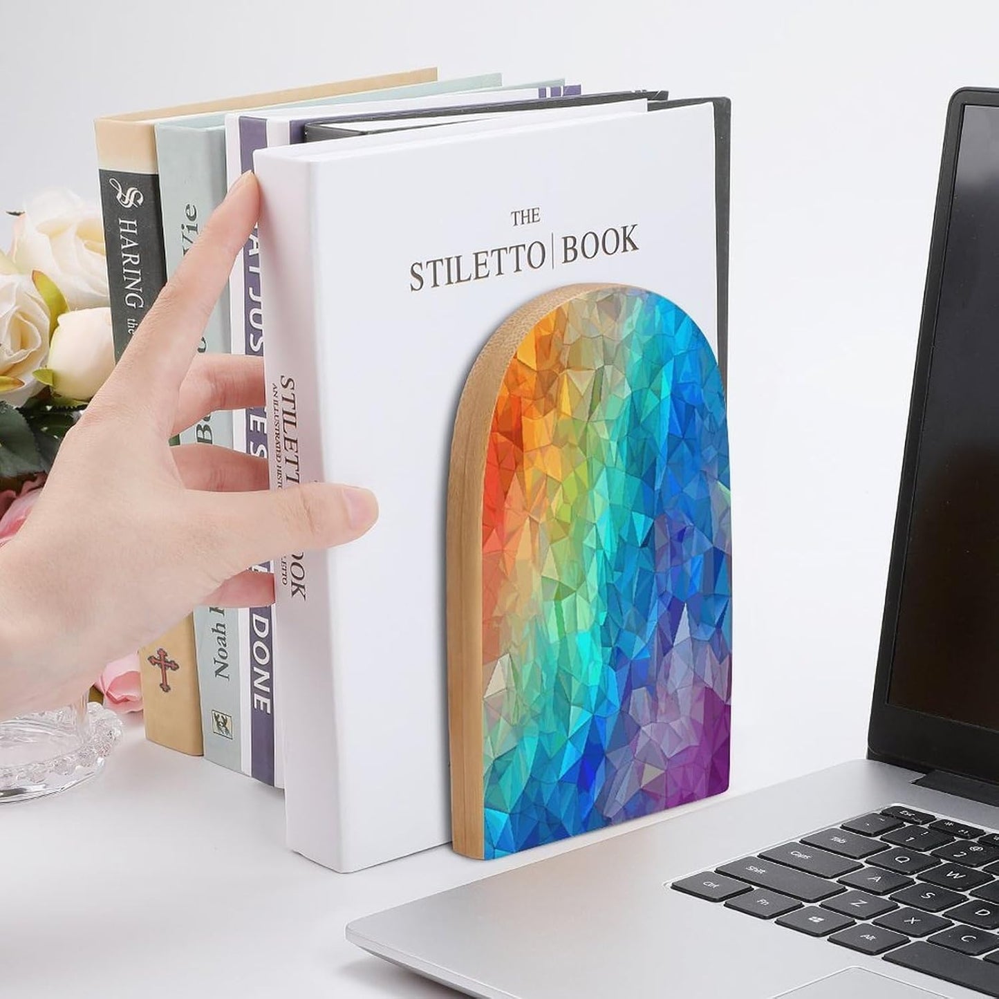 Rainbow Triangle Bookend for Shelves Wooden Book End Large Size Sturdy Book Holders Stoppers with Metal Base for Bookshelves Slick Decorative Bookends Stands